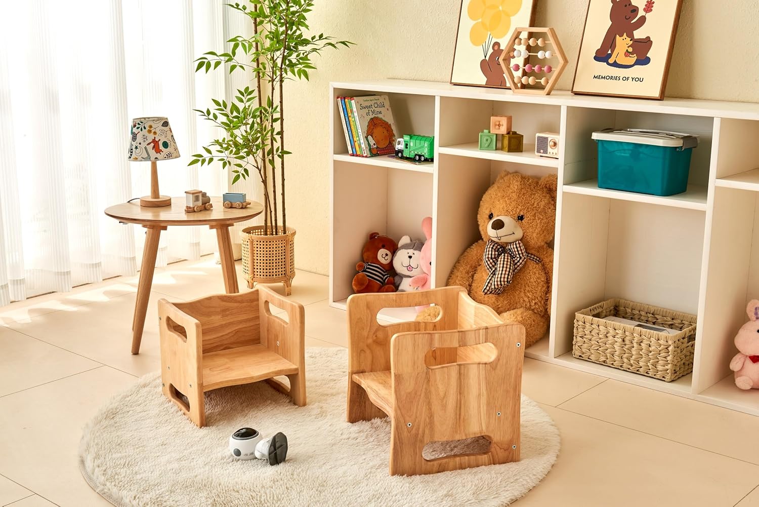 Weaning Table and Chair Set,Real Hardwood, Desk for Toddler Reading,Snack Time,Playroom,Activity Cube,Step Stool,1-3 Year Old Kids Montessori Furniture-Nature