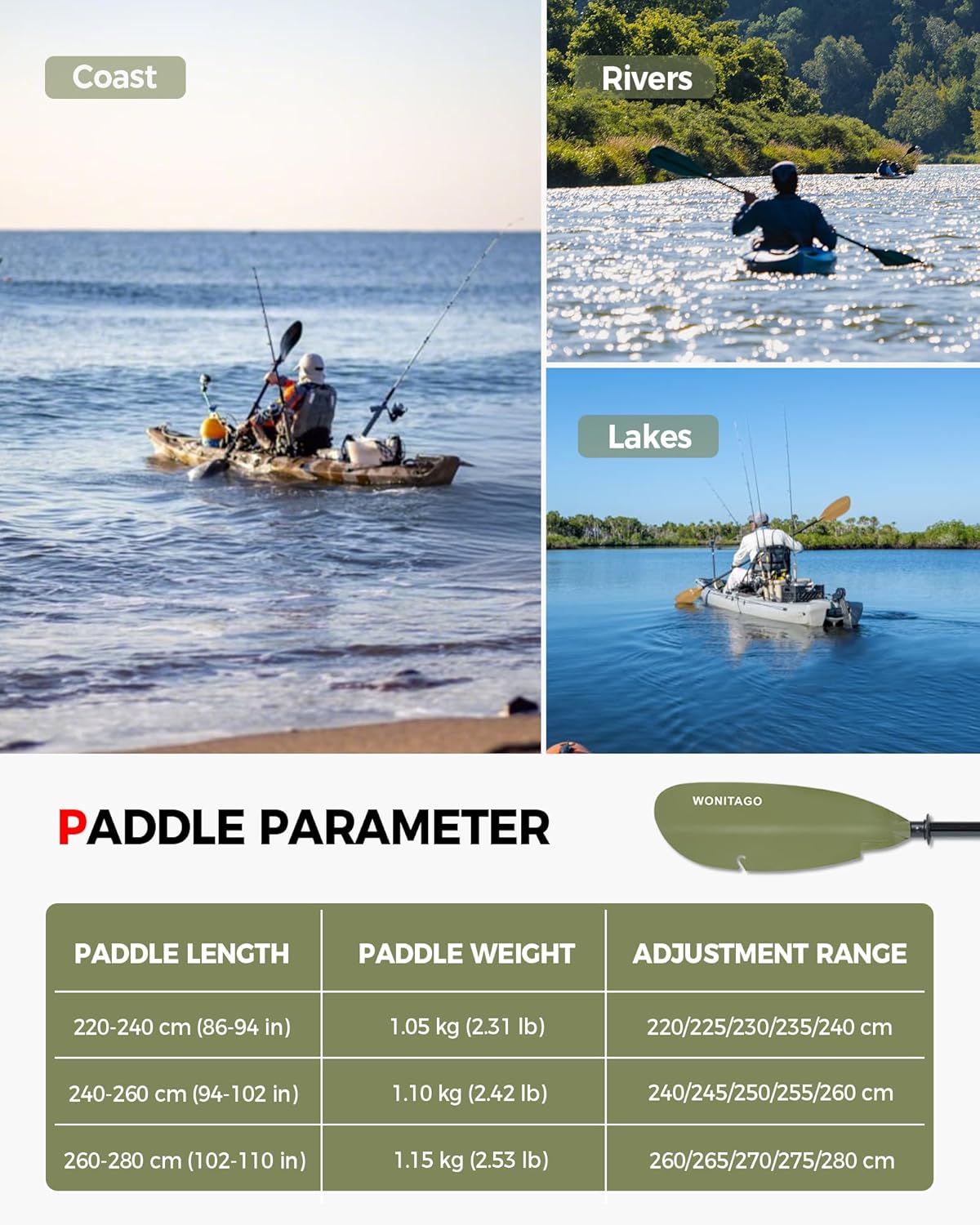 Angler Kayak Paddle with Fiberglass Shaft and Plastic Blade, Adjustable Fihsing Kayak Oar, 86-94" (220-240 cm), 94-102" (240-260 cm), 102-110" (260-280 cm)