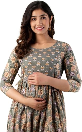 Nevisha Style Women's Cotton Lehariya Printed Anarkali Maternity Feeding Kurti with Zipper Maternity Gown for Women