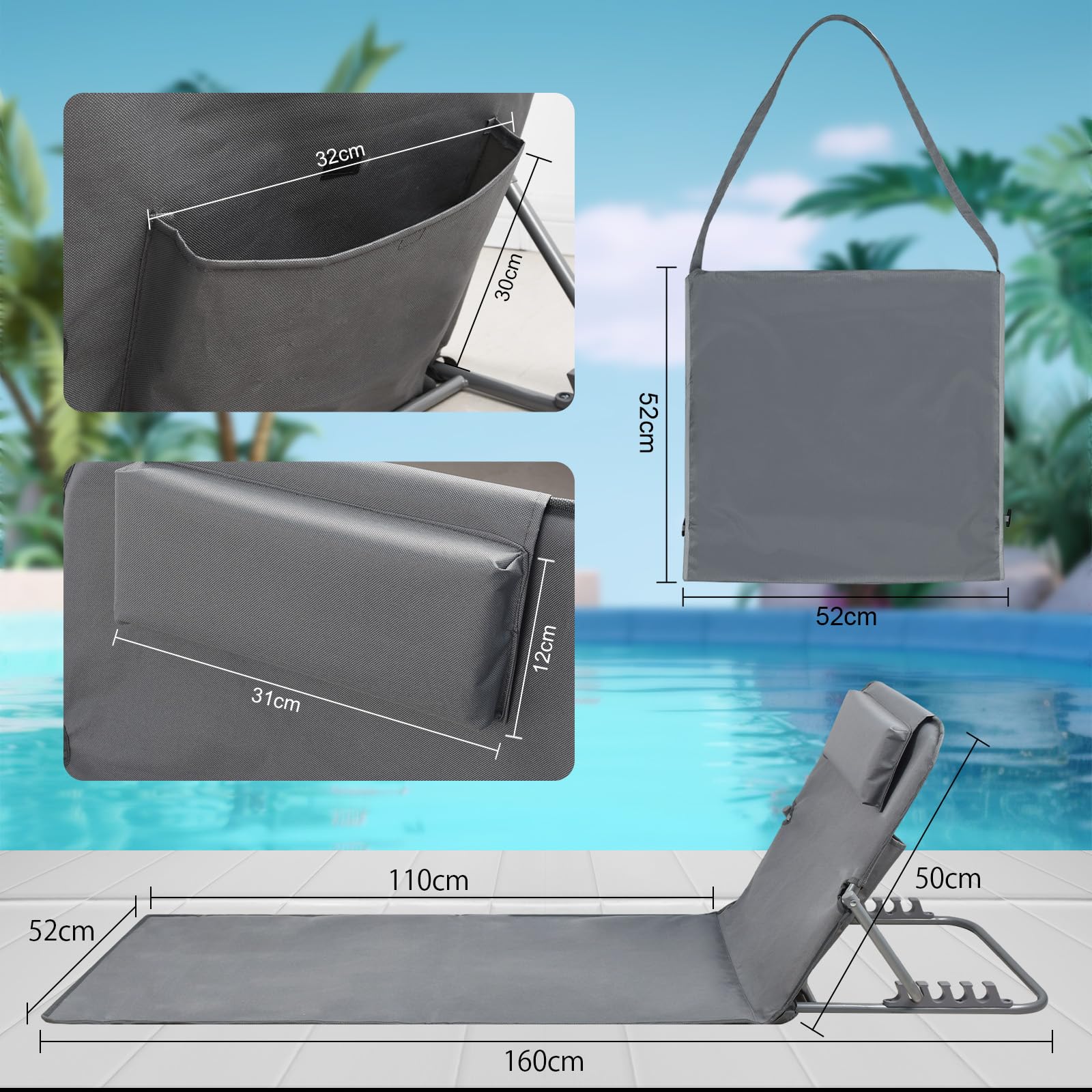 Lot de 2 Bain de Soleil, Chaise Longue, Tapis de Plage, Transat de Plage, avec Appui-tête - Bandoulières - Dossier Réglable 5 Positions, pour Camping, Jardin, Piscine, 160 x 52 cm, Gris