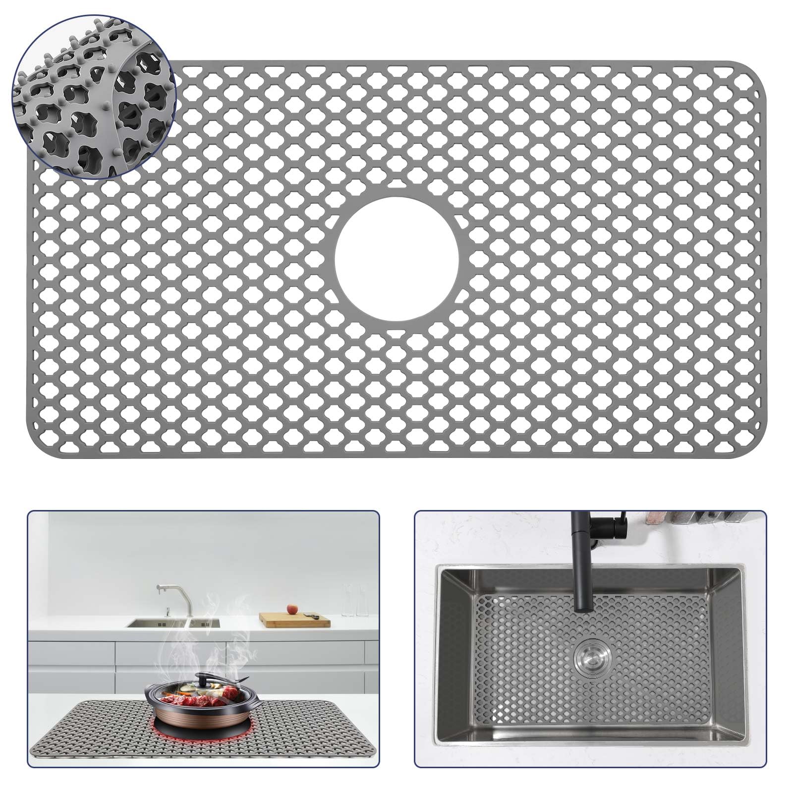 Snuggery Silicone Sink Protector 25"x13" Center Drain Hole, Heat Resistant Non-slip Dishwasher Suitable, Large Mat for Bottom of Farmhouse Kitchen Stainless Steel Sink