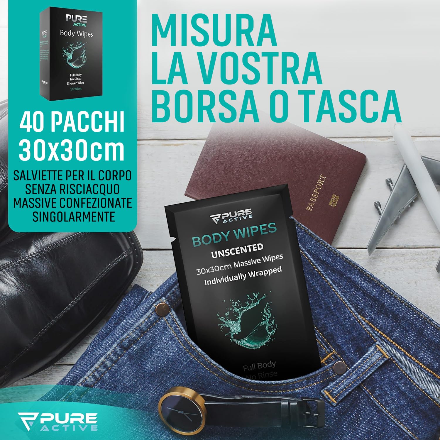 Doccia Salviette corpo, 40 confezionati singolarmente 30x30cm Igiene personale Salviette corpo per le donne e gli uomini, Mantenere pulito dopo la palestra di viaggio Campeggio all'aperto Sport