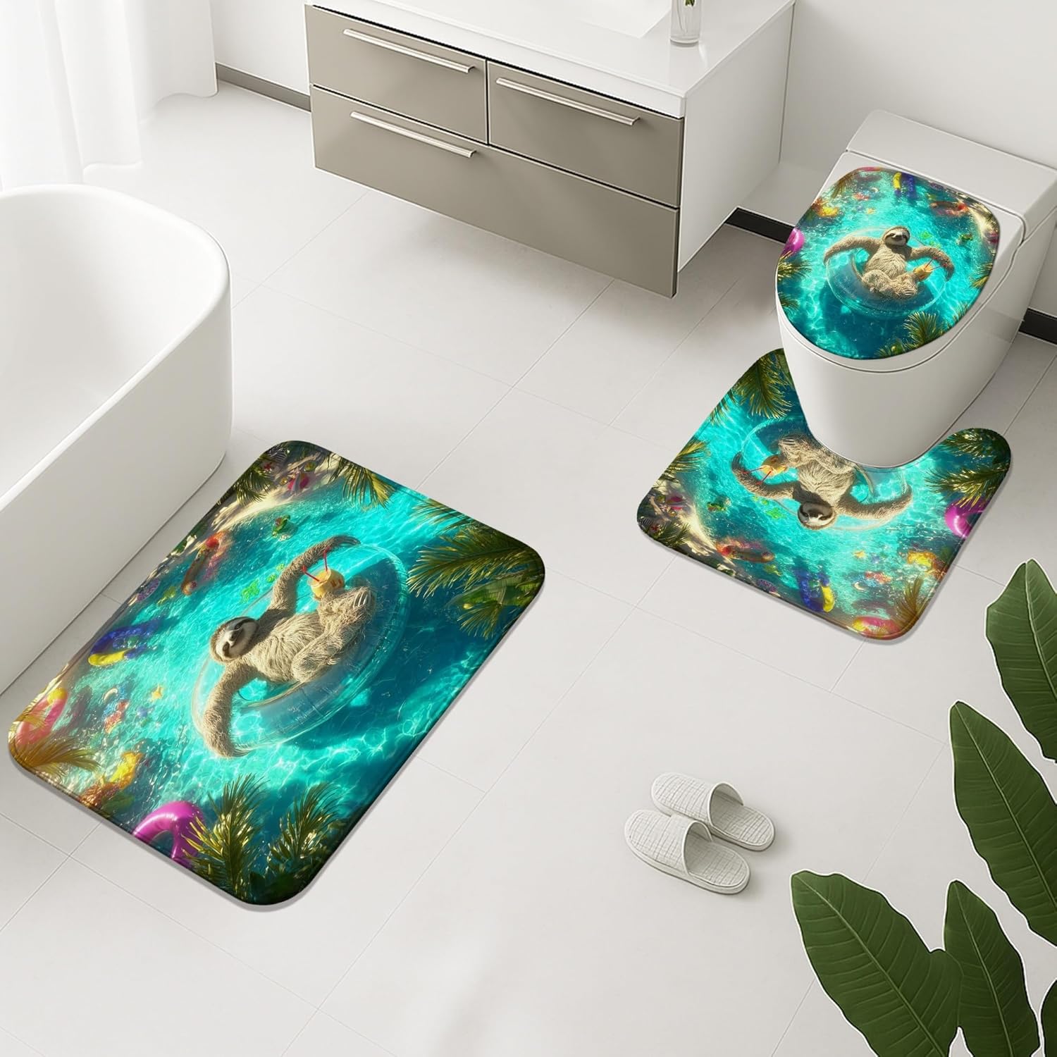 Summer Bathroom Mat Sets 3 Piece, Tropical Sloth Animals Fun Absorbent Non Slip Toilet Rugs U Shaped Washable, Vacation Beach Quick Dry Memory Foam Bathroom Rug Set