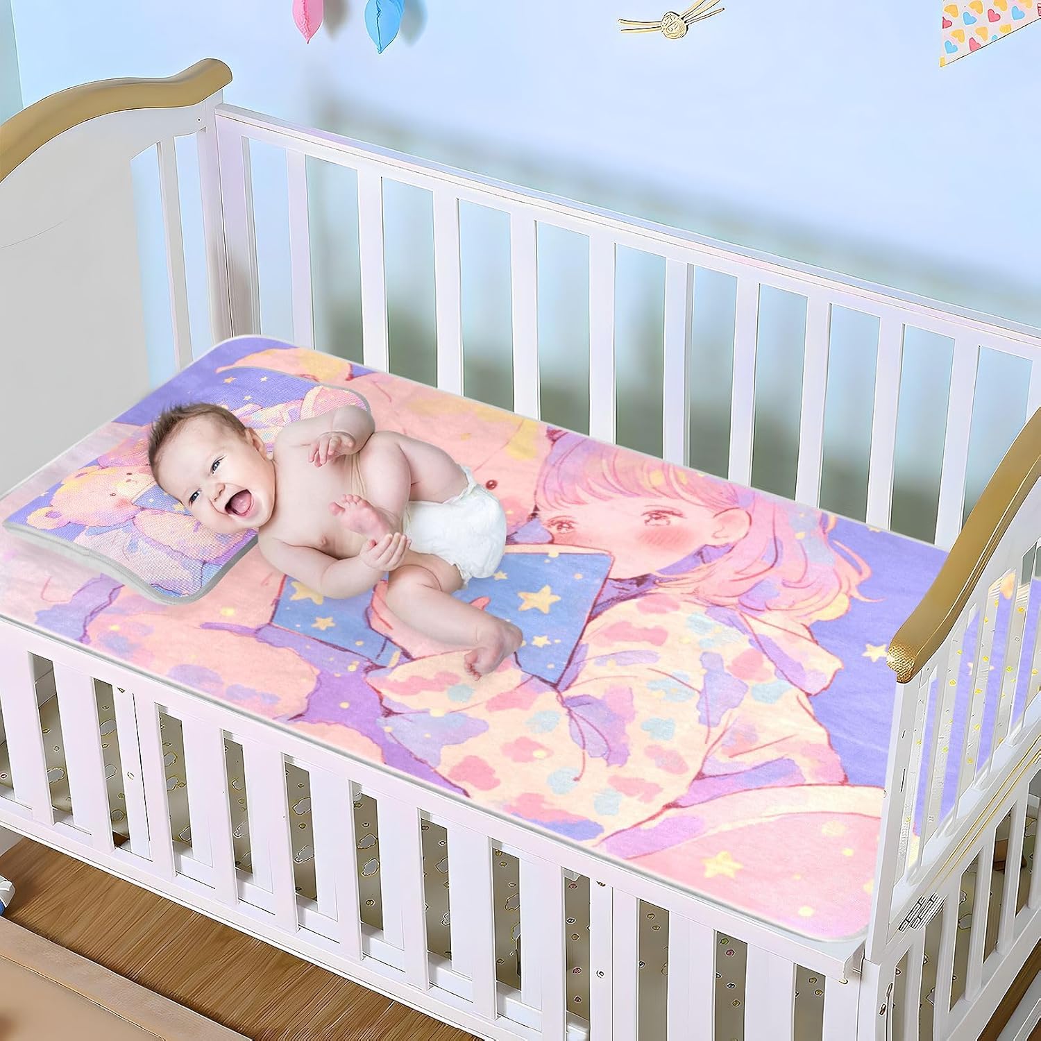 Purple Dreamy Cute Girl Bear Cooling Baby Mattress Cover 28" x 52" Reusable Mattress Protector Pads for Baby&Toddler