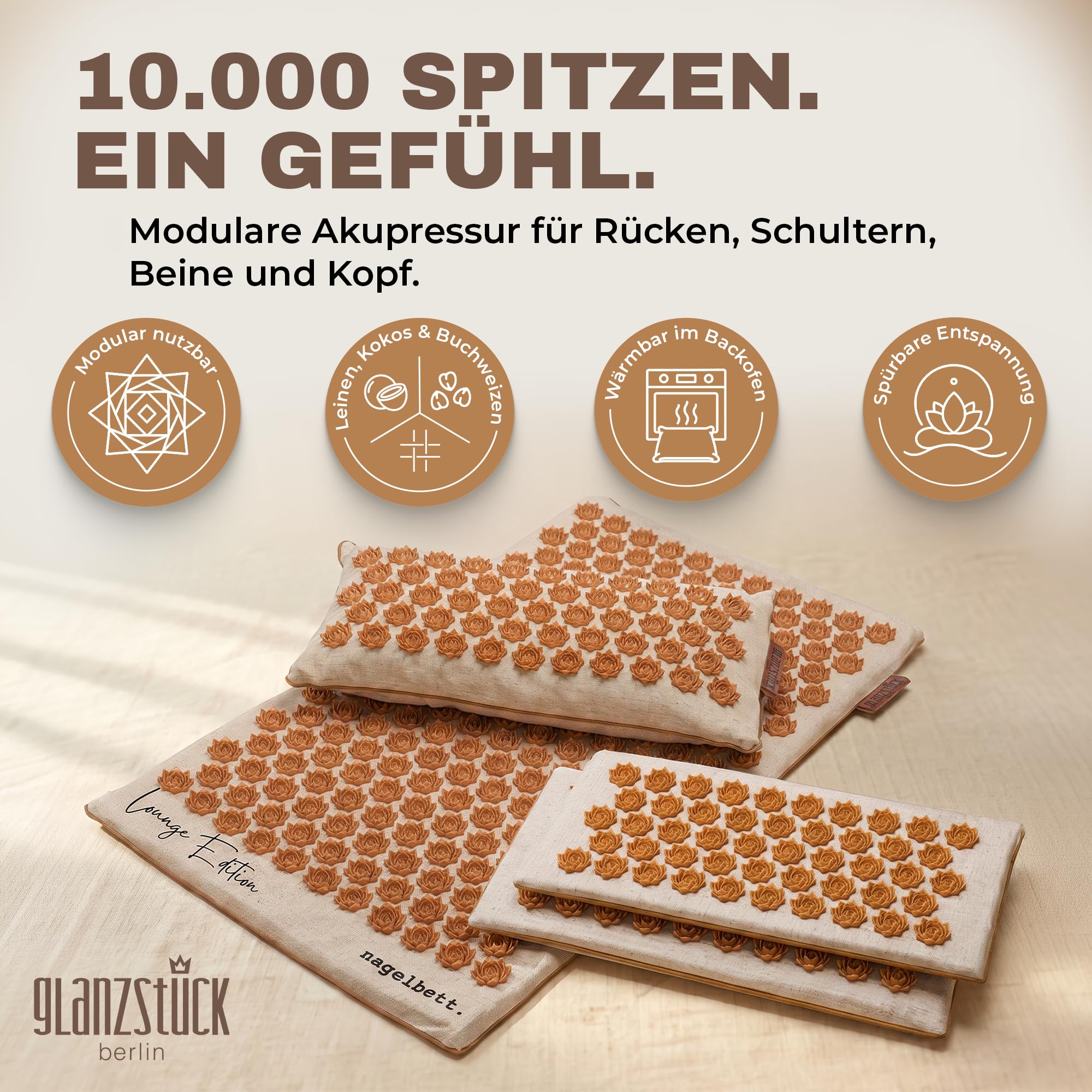 Glanzstück Berlin® Akupressurmatte XXL Lounge Edition – Set mit Hauptmatte 72 × 42 cm, 2 Modulen à 18 × 42 cm, Kissen & Tasche, ca. 9.350 Blütenspitzen für den Ganzkörper