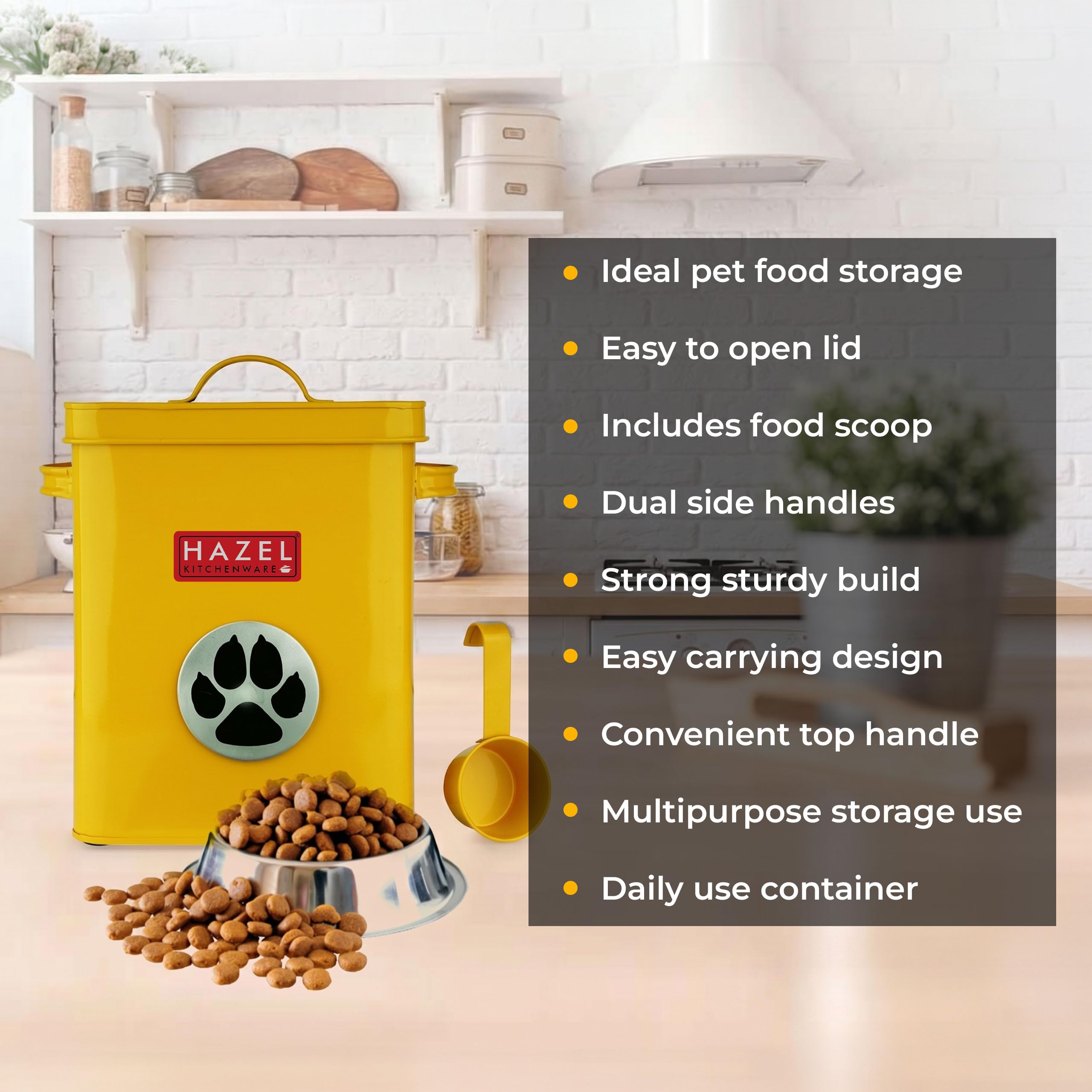 HAZEL Pet Food Container with Lid | Metal Multipurpose Containers for Dog food, Yellow, 6600 ML 1
