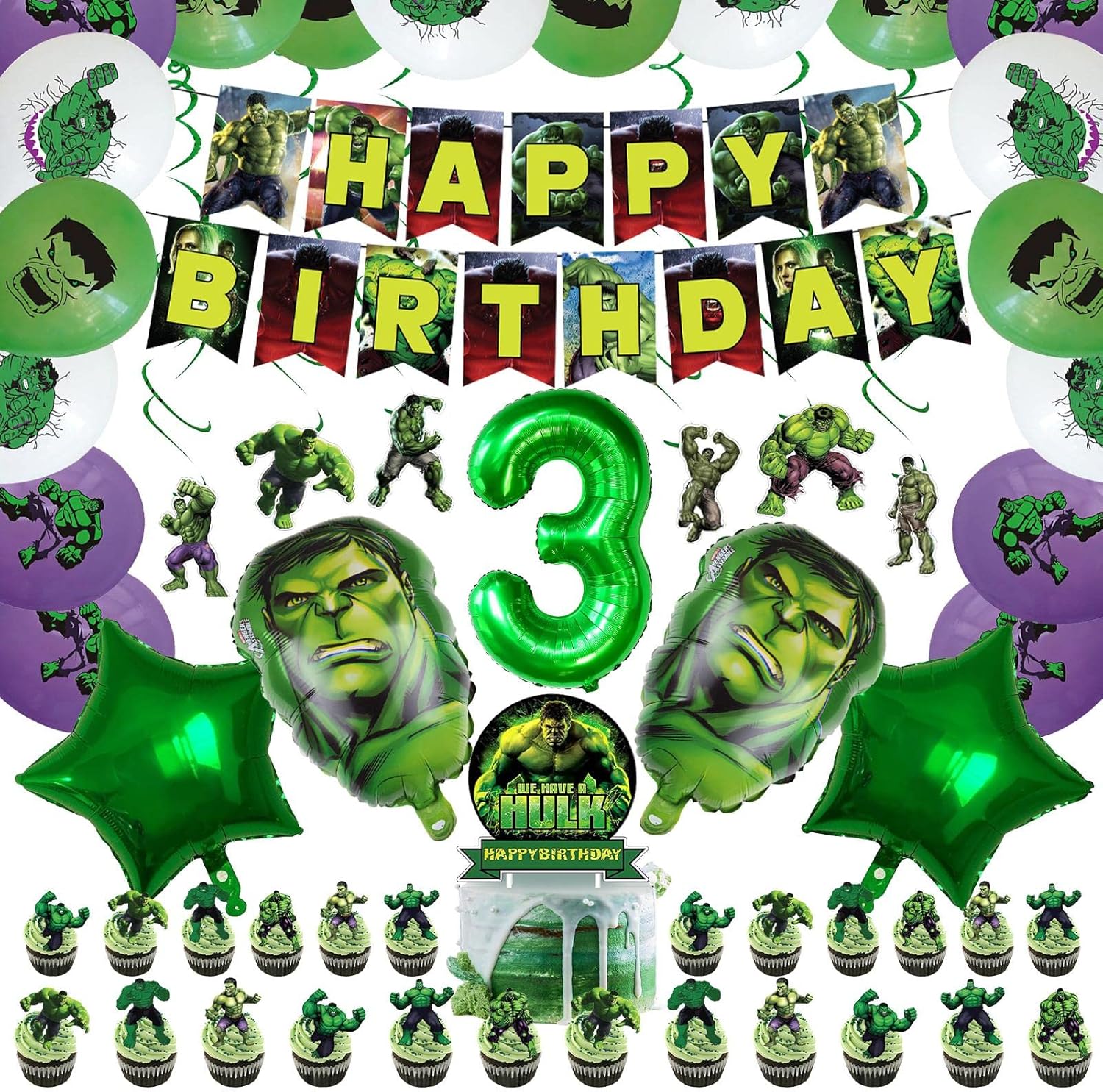 71pcs for Hulk Birthday Decorations with 32inch Number 3