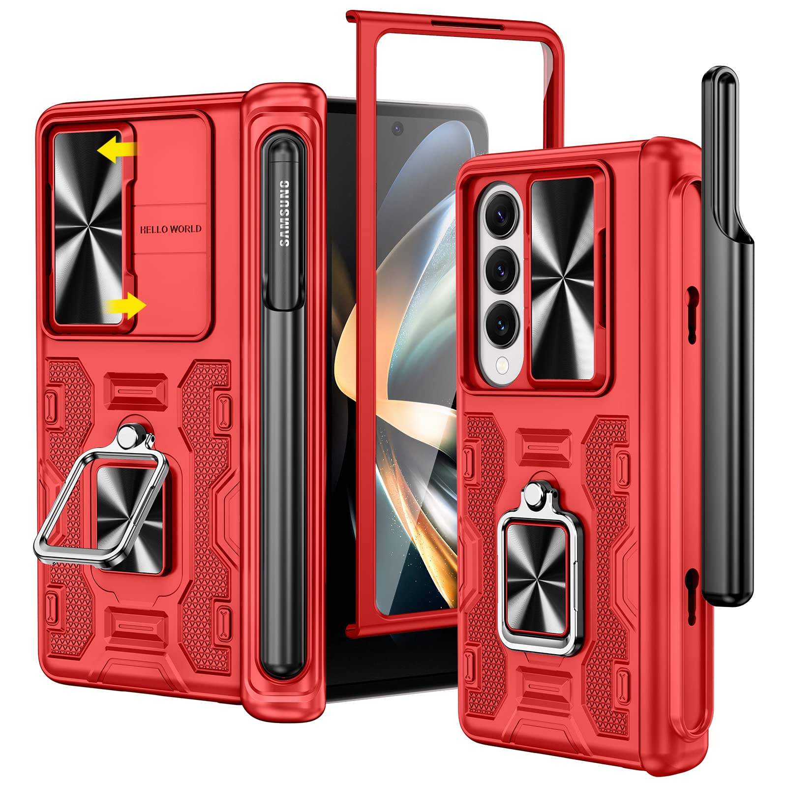 Photo 1 of VEGO for Z Fold 4 Case with S Pen Holder, with [Hinge Protection][360-degree Rotating Kickstand][Slide Camera Cover][Front HD Screen Protector] Protective Cover for Samsung Galaxy Z Fold4 - Red