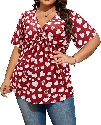 Plus Size Tops for Women Twist Knot Short Sleeve Tunic Tops Low Cut Blouse V Neck Shirts 1X-5X