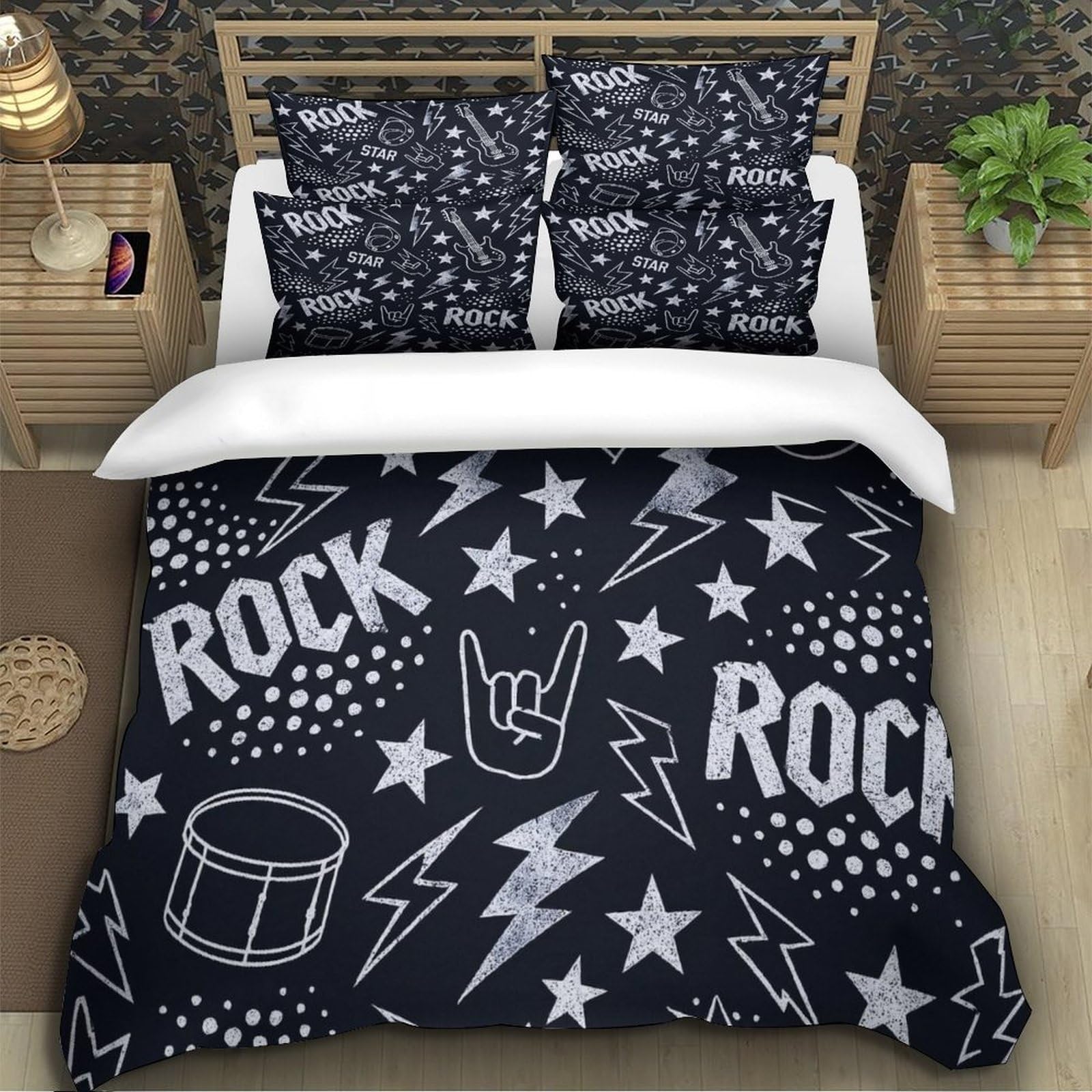 Progettazione di musica rock Impressione 3D 3 pz coperteletto Stile poster rock vintage cover piumone microfibra zip antiacari per bambini adolescenti adulti Super king（260x220cm）