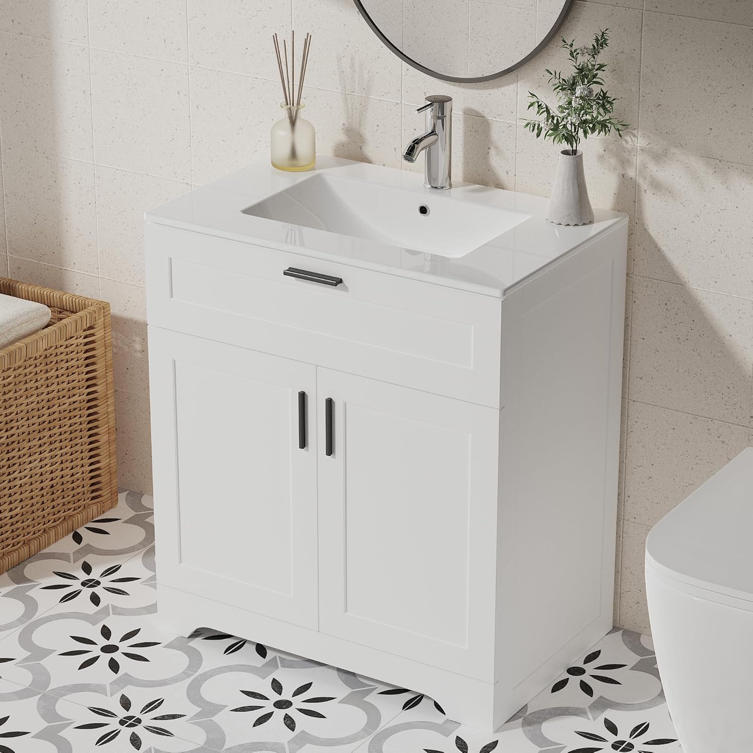 30 Inch Bathroom Vanity with Ceramic Sink, Under Sink Vanity Cabinet, Freestanding Vanity for Bathrooms, Bathroom Storage Vanity with 2 Doors and1 Drawer (White, 30", with Sink)