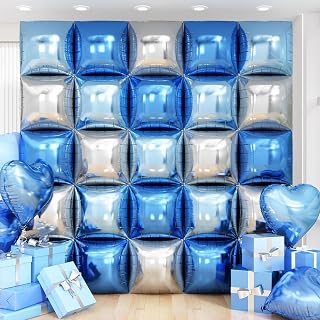 Blue Silver Square Foil Balloon Wall,25Pcs Double Sided Balloons Backdrop Helium Polyester Film Balloon Tunnel Arch Garland Kit for Birthday Bridal Anniversary Baby Shower Party Decorations