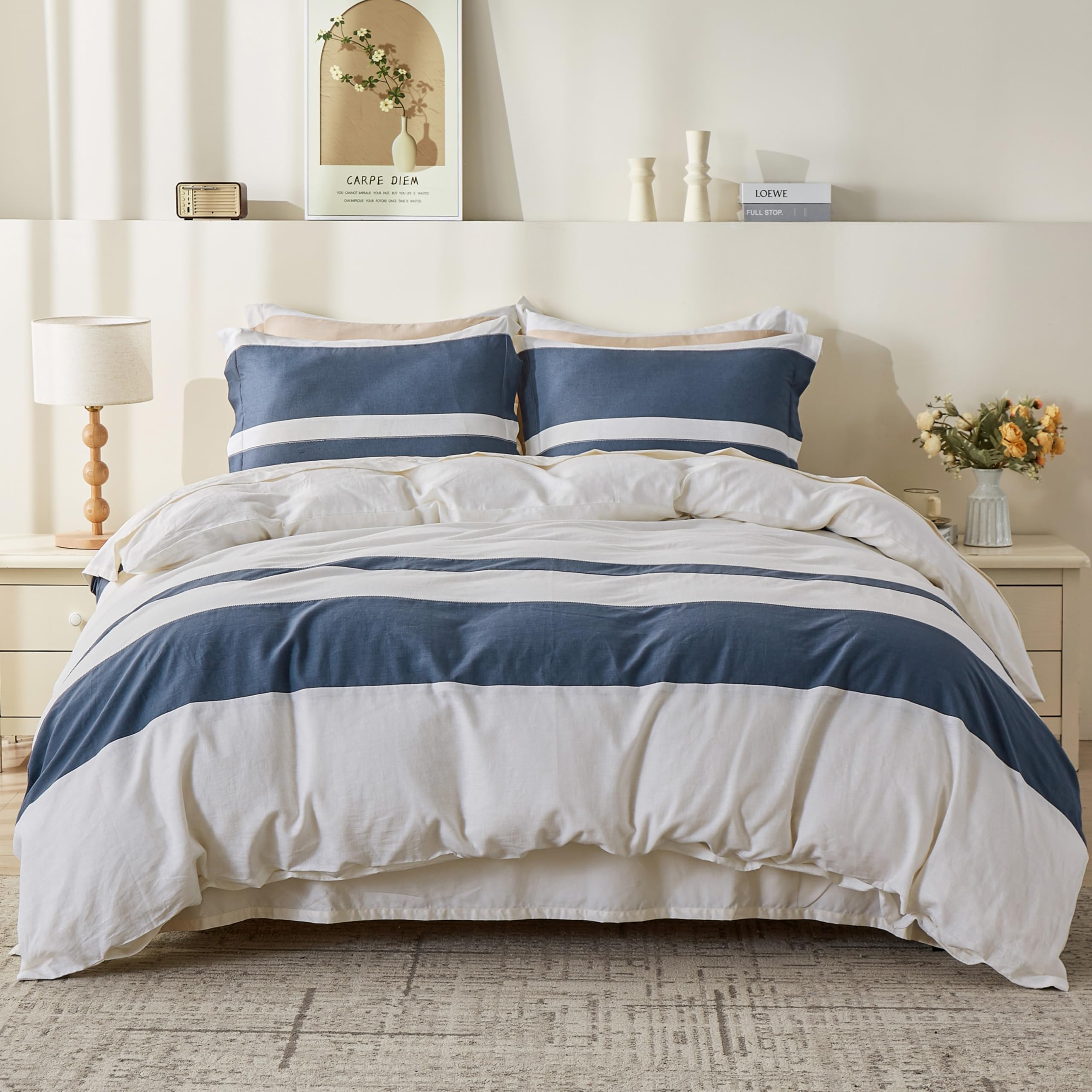 Simple&Opulence Set copripiumino in lino francese, 223,5 x 233,7 cm, 3 pezzi (1 copripiumino e 2 federe), in misto cotone naturale e lino, morbido e traspirante, con strisce (queen size, bianco e blu