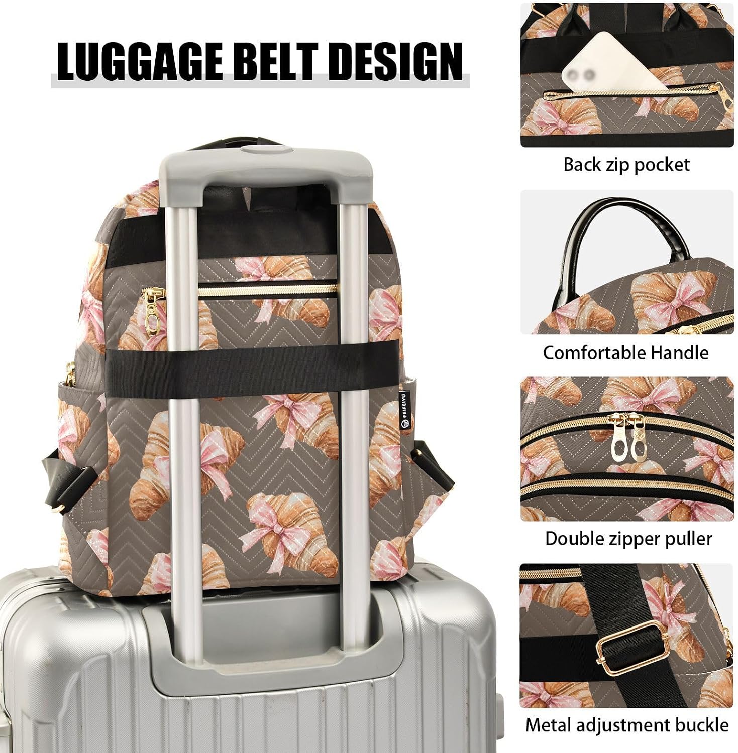 Bow Bread on Brown Backpack Purse for Women Shoulder Bag Fashion Daypack Ladies Handbag Lightweight Travel Bag Rucksack