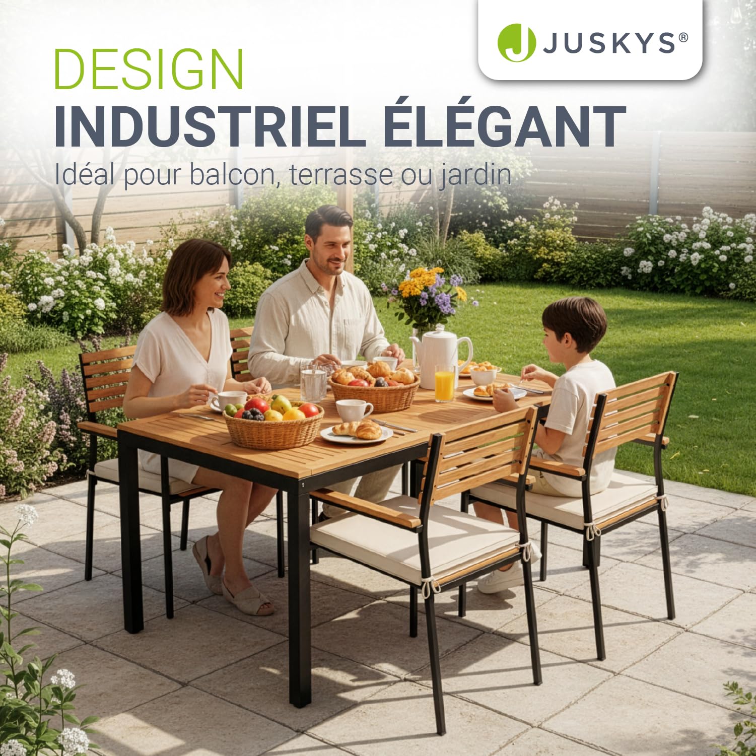 Juskys Salon de Jardin en Bois d'acacia Rhodos - Table, 4 chaises & Coussins - Mobilier de Jardin en Bois, 5 pièces - Meubles de Balcon - Mobilier d'extérieur Bois Naturel & Noir