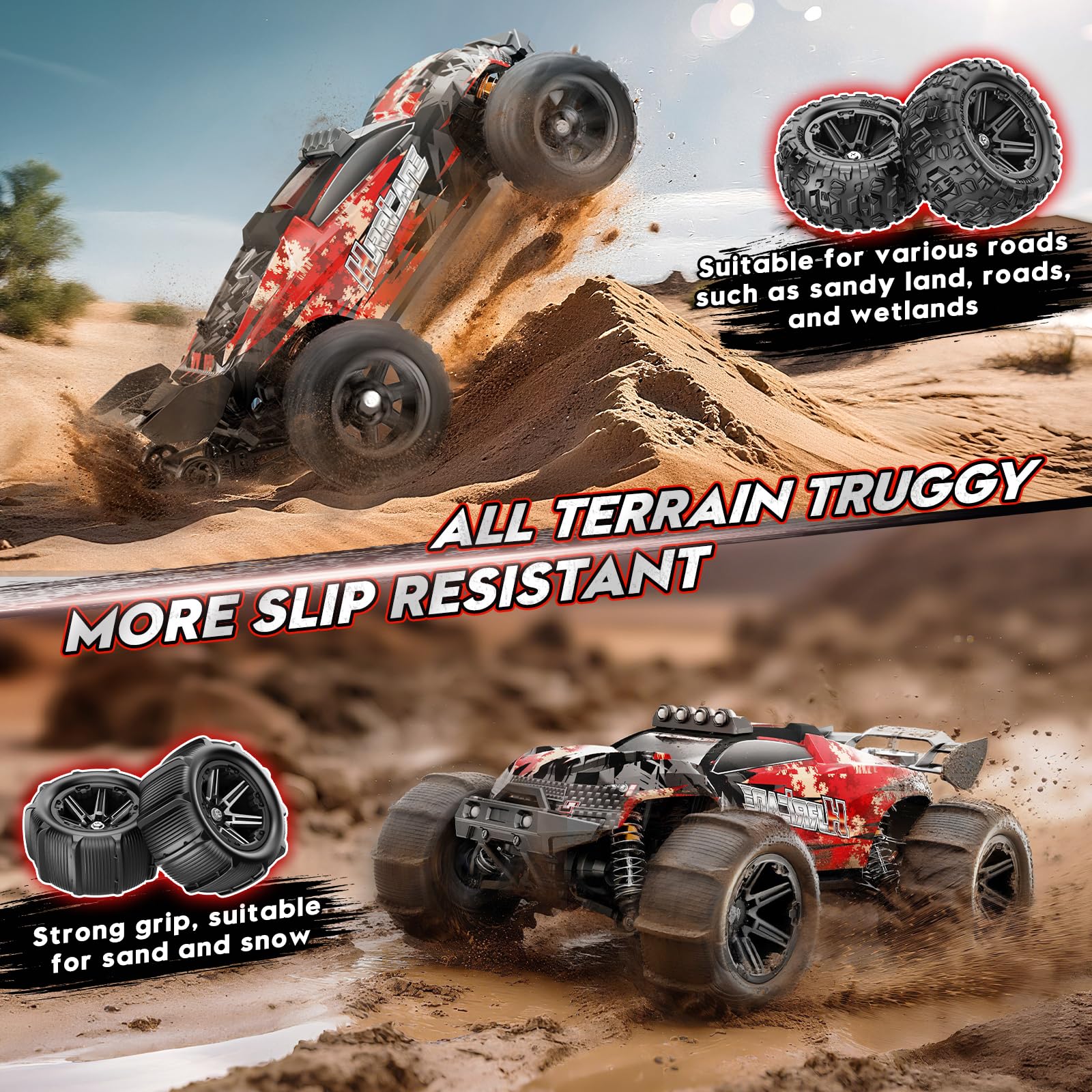 YESHIN Voitures RC 1:14 pour Adultes, Camion Monstre Électrique Tout-Terrain Max 40 km/h, Voiture RC Haute Vitesse Imperméable 4WD Télécommandée avec 2*Batterie, Rouge