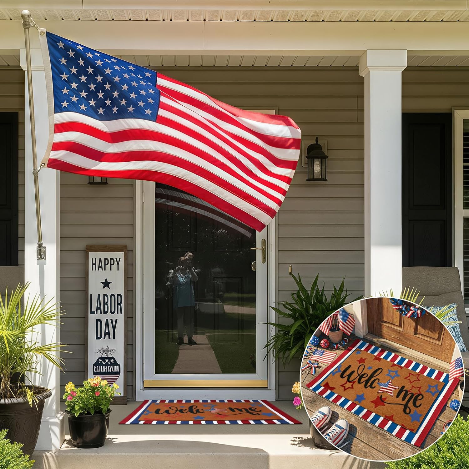 Honoson 2 Pcs Patriotic Doormat Set, 4th of July 250th Anniversary Red White Blue Stripe USA Cotton Welcome Rug, Non-Slip Independence Day Memorial Day Front Porch Entrance Decor