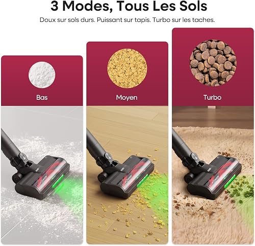 FAMIVAC FV3 Lilas Aspirateur Balai sans Fil 60KPa/50Min/120㎡, Tube Pliable, Autoportant à Brosse Anti-Enchevêtrement, Lumière Verte, Aspirateur à Main Puissant pour Sol - 3
