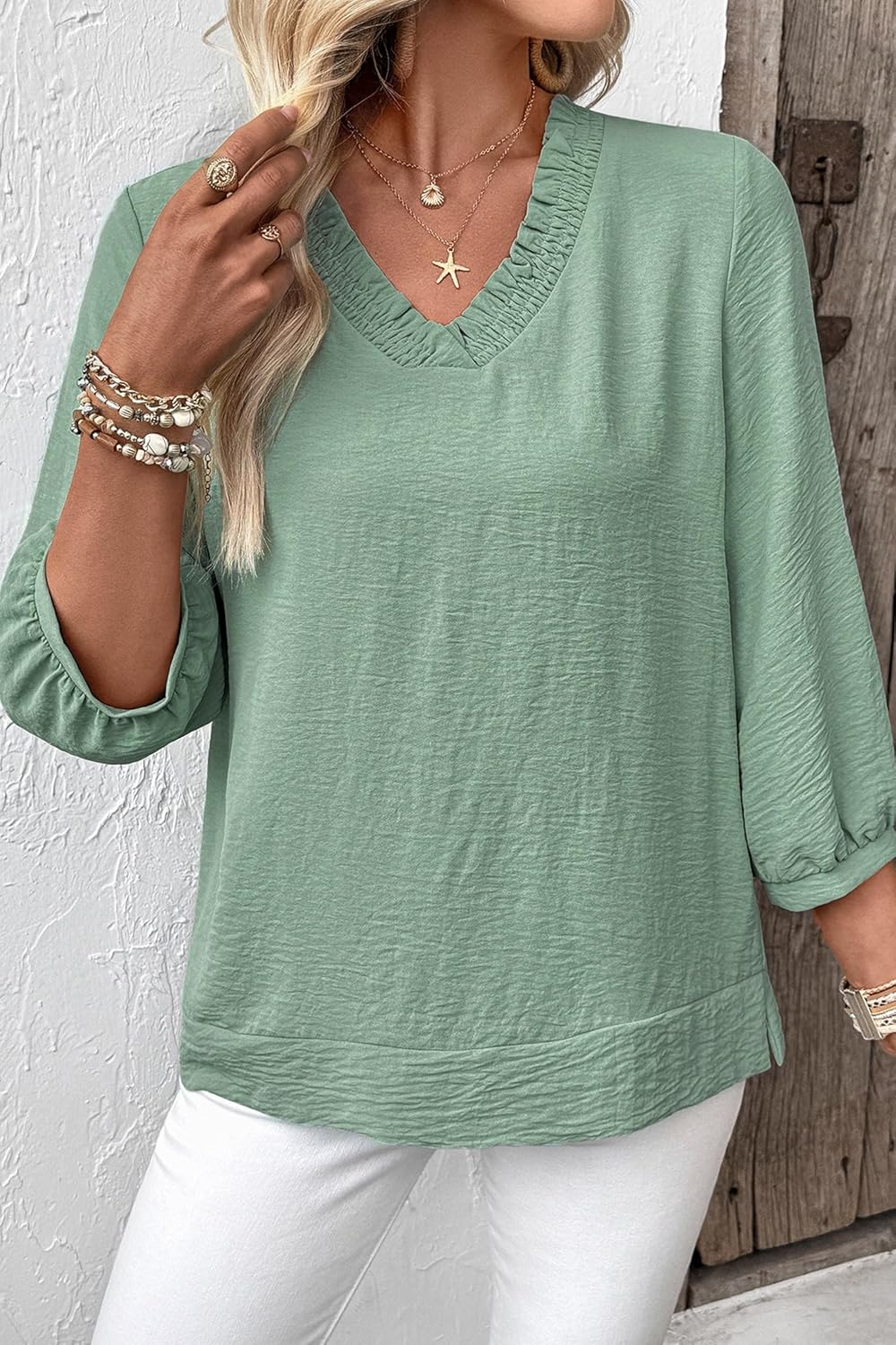 SHEWIN Women Smocked Neck Tops 3/4 Sleeve Loose Fit Shirts Business Dressy Casual 2026 - Image 2