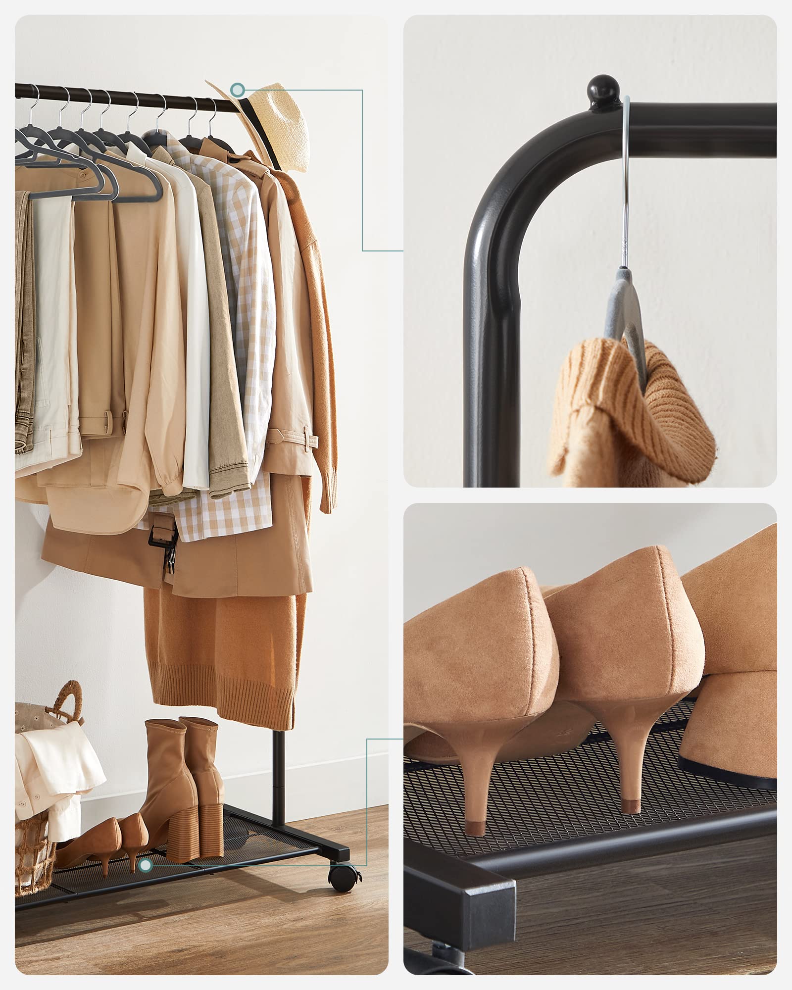 SONGMICS Clothes Rack on Wheels, SingleRail Metal Garment Rack, with