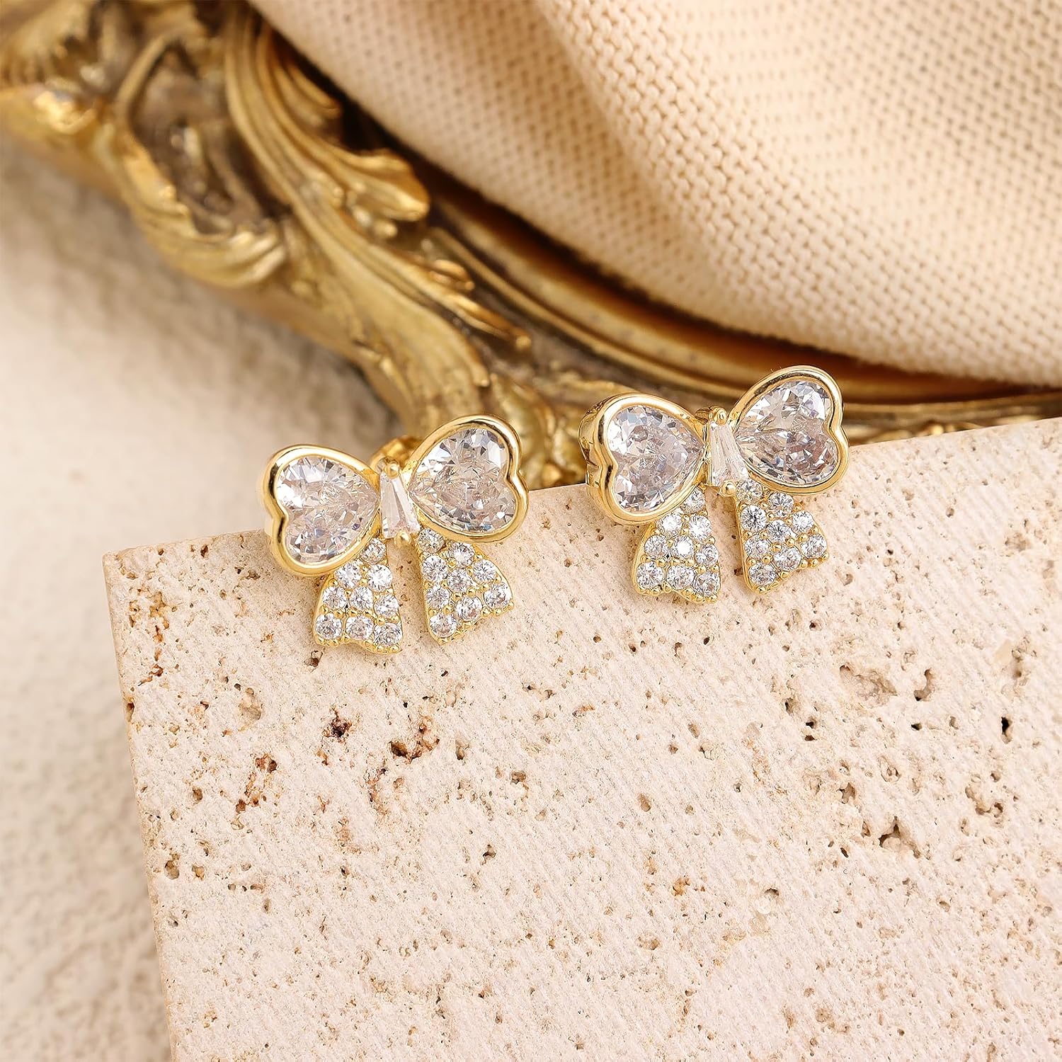 Sonateomber Gold Silver Bow Stud Earrings for Women, Dainty Cute Cubic Zirconia Rhinestone Ribbon Bowknot Earings Prom Wedding Fashion Jewelry Gift - Image 8