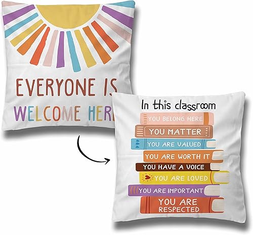Fundas de almohada decorativas para el aula de 18 x 18 pulgadas, funda de almohada suave de arco iris con texto en inglés Everyone is Welcome Here,