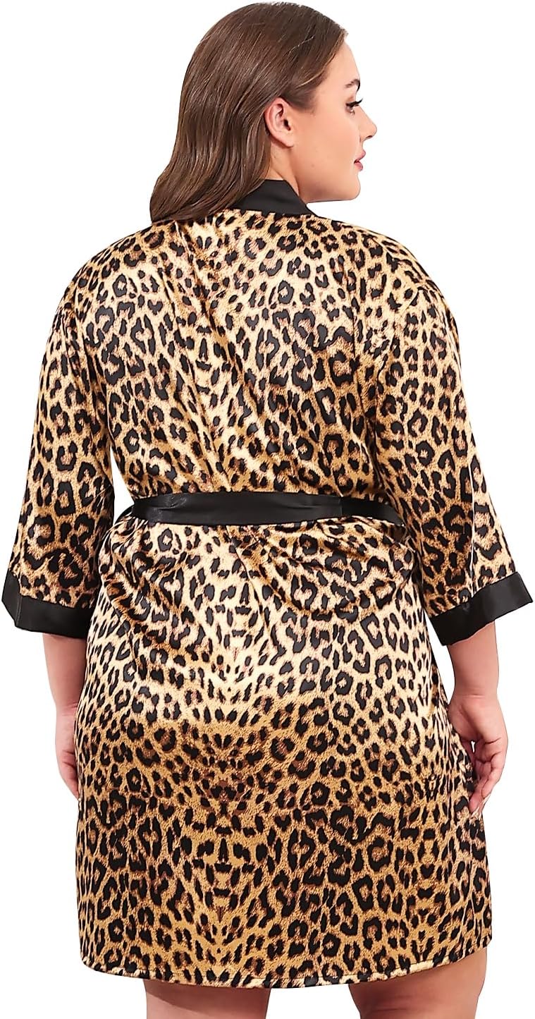 Women Plus Size Robe Knee Length Satin Kimono Bathrobe Floral Kimonos Sleepwear Dressing Gown - Image 3