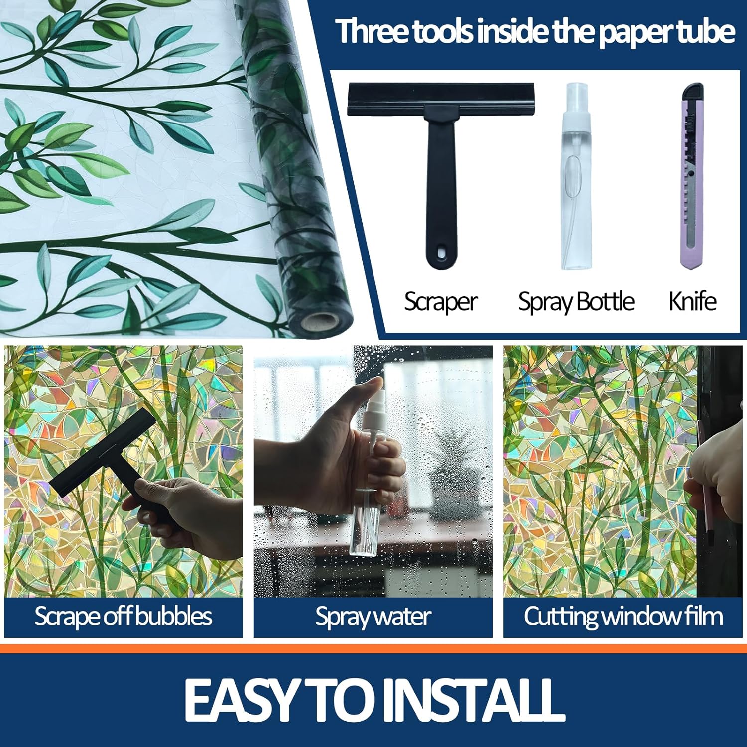 Stained Glass Window Privacy Film Decorative Rainbow Effect Static Cling Removable UV Blocking Heat Control Window Tint for Glass Doors and Windows 23.6 x 157.4 Inches