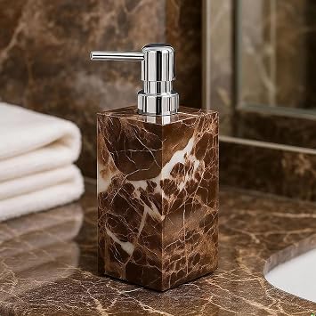 Real Natural Marble Soap Dispenser with Stainless Steel Pump Decorative Liquid Hand Soap Bottle for Kitchen Bathroom, Compatible with Lotion, Dish Soap Shower Gel Coffee 1 Set