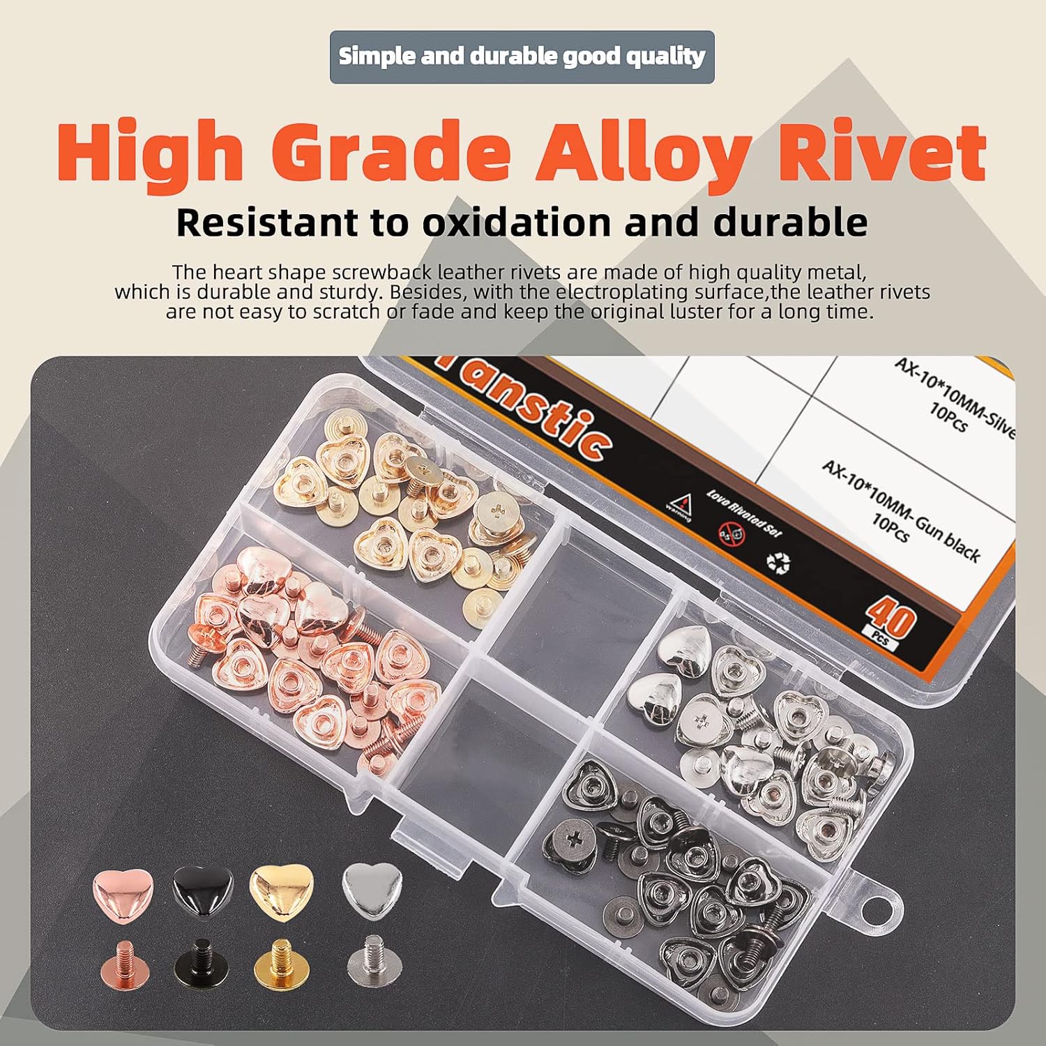 Tanstic 40 Sets 4 Colors 10x10MM Metal Heart Shape Screwback Leather Rivets, Decoration Screwback Stud Rivets Decorative Stud Rivets for Leather DIY Craft Clothes Bags Accessories