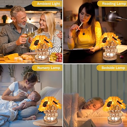 Miniatura 4 de Lámpara de mesa de girasol, lámpara LED de flores artificiales regulable, lámpara táctil con jarrón de cristal en cubo, lámparas inalámbricas