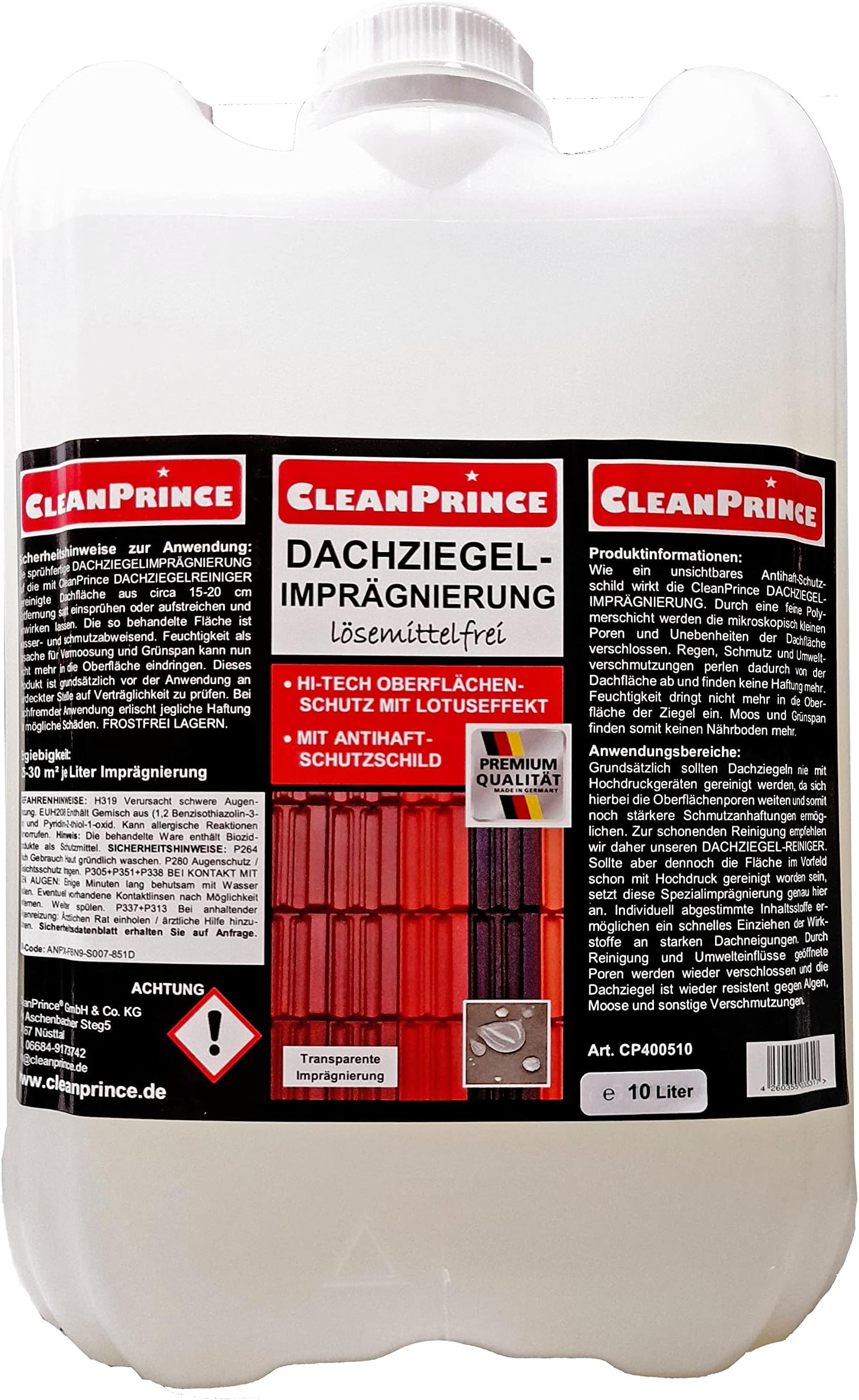 CleanPrince10 Liter Dachziegelimprägnierung Dachziegel-Imprägnierung Dachversiegelung Dachimprägnierung Solvent Free Sealer Protection Brick Dachziegelschutz Coating from Weather Algae Moss Verdigris