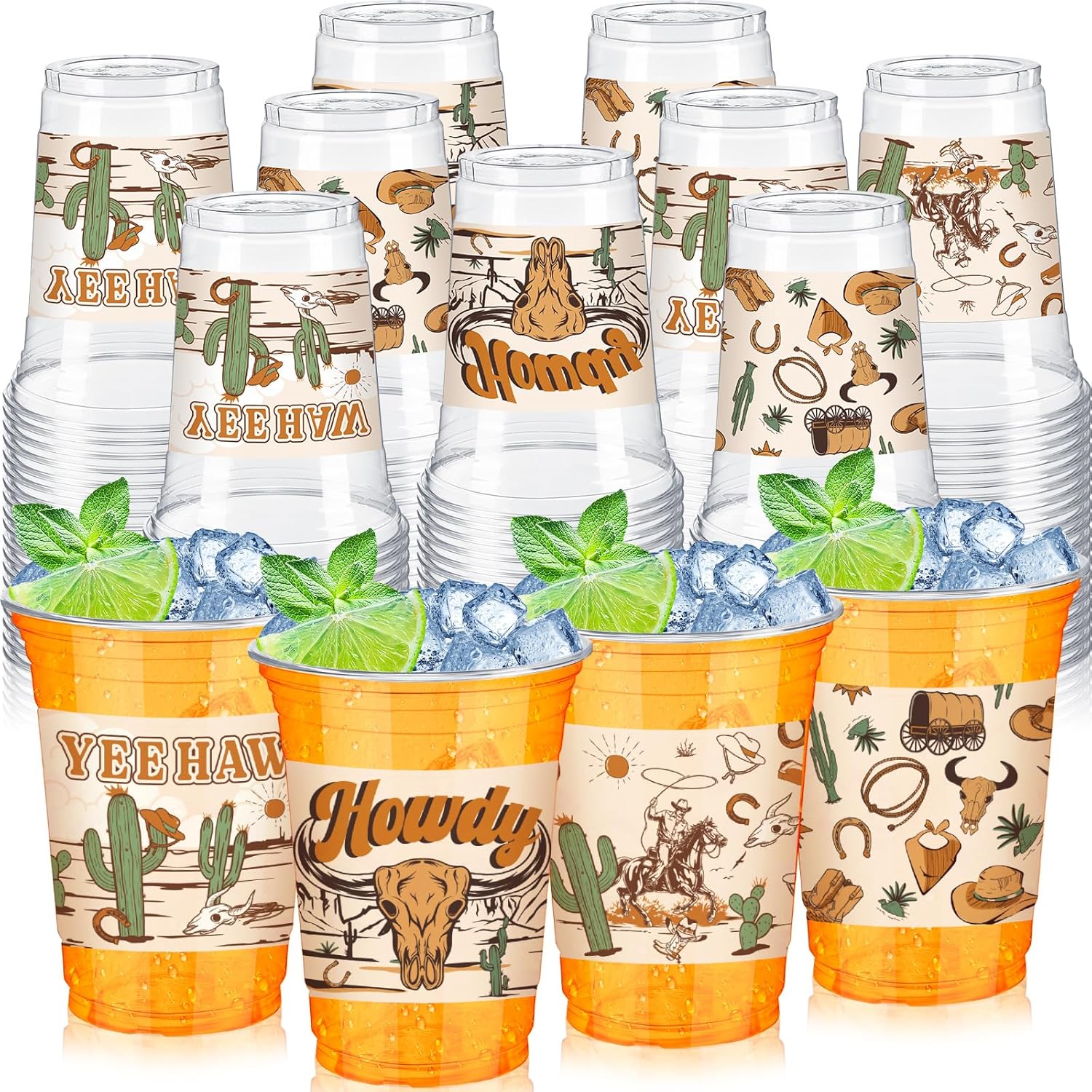 SiliFine 100 Pcs Fiesta Plastic Cups 12 oz Disposable Mexican Papel Picado Clear Plastic Drinking Cups for Cinco de Mayo Day of the Dead Party Favors Decorations Supplies