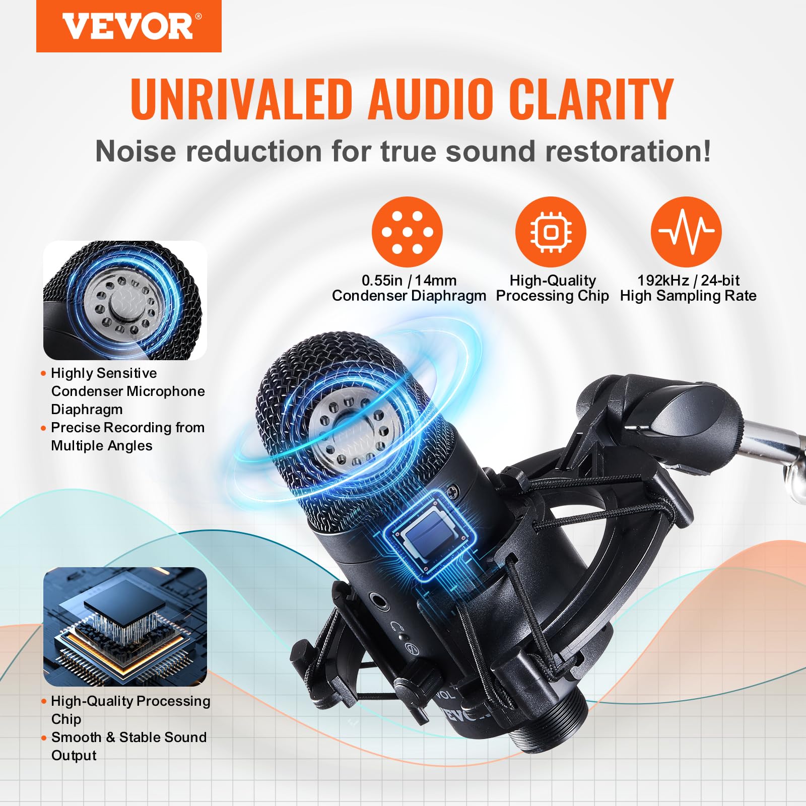 Micrófono USB, 192 kHz/24 bits, kit de micrófono de condensador profesional, con soporte de brazo de brazo, filtro pop, montaje de choque, botón de silencio, conector para auriculares, para grabación