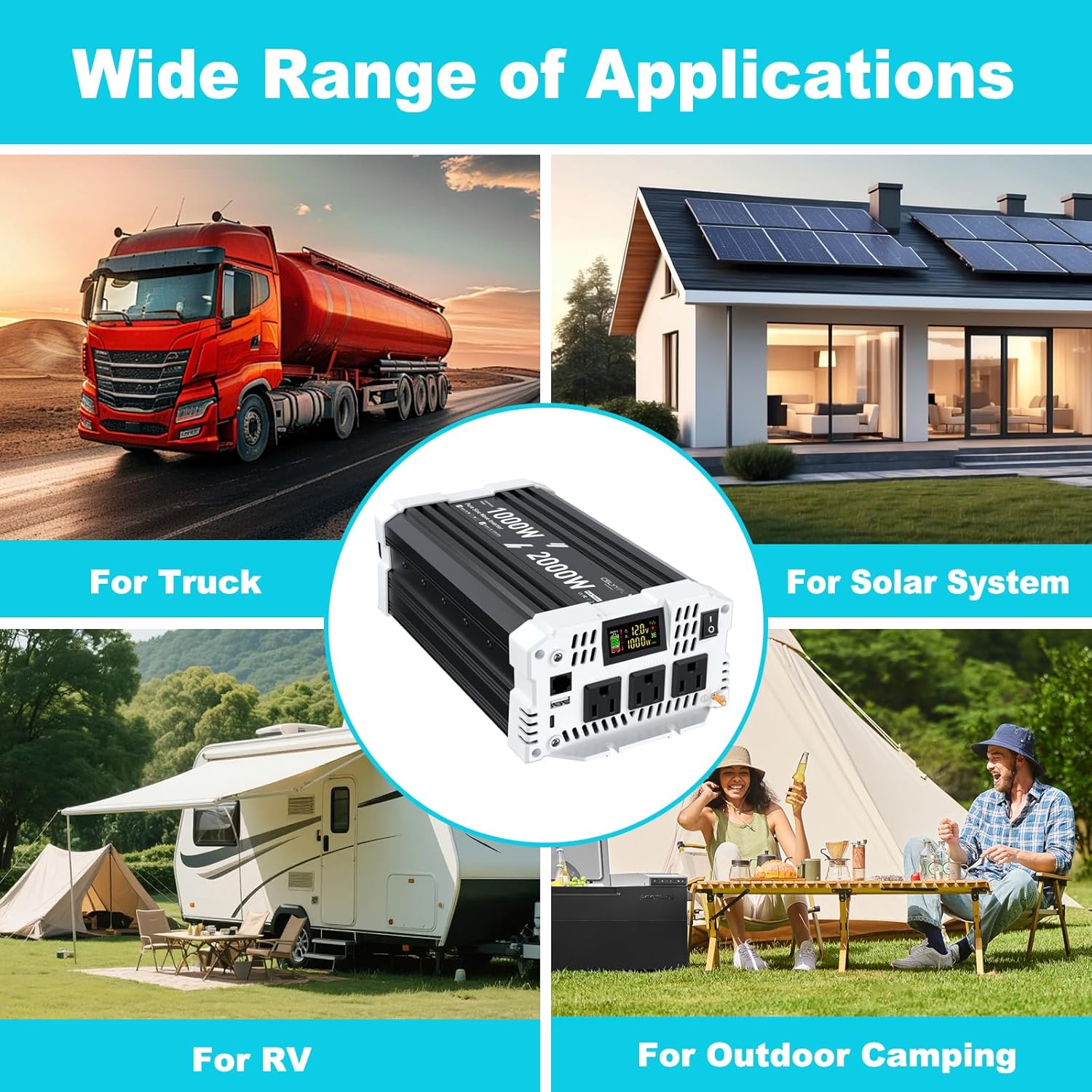 1000 watt Pure sine Wave Inverter, 12V DC to 110V AC Power Inverter, Used for Solar Emergency Power Supply in RV Homes, with 3 AC Output sockets, USB Port, Type-C Port, Remote Control with LCD Screen