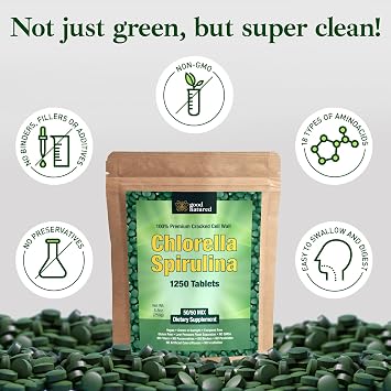 Spirulina Chlorella Tablets - Spirulina Capsules - Chlorella Tablets 1250 | Good Natured - Non-GMO - Vegan - Sunlight Grown - Cracked Cell Wall - High Protein - Heavy Metal Detox