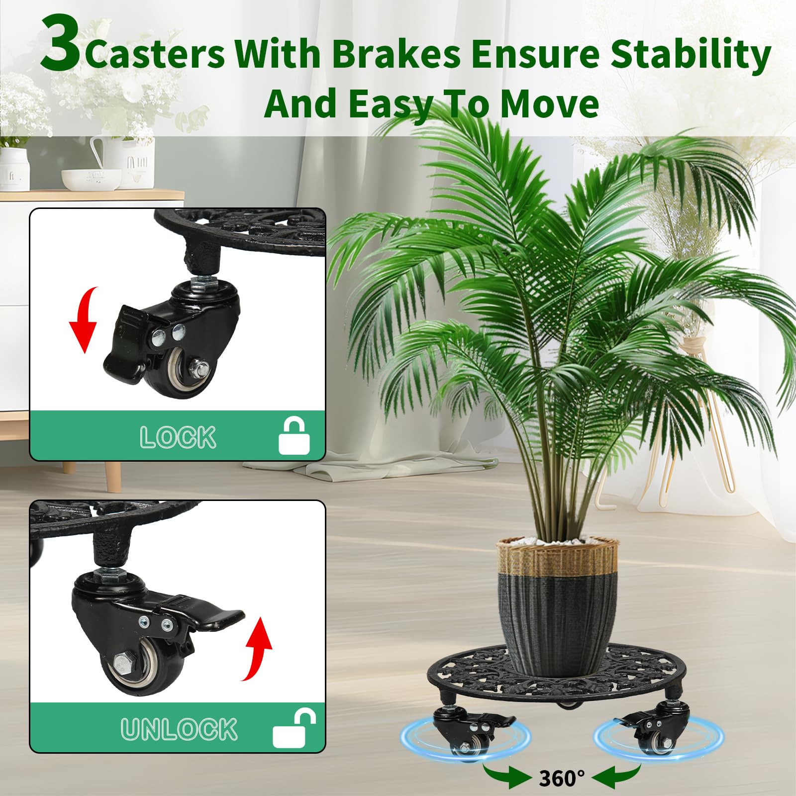 GARGENTOL Rolling Plant Stand with Wheels, 2 Pack Heavy Duty Metal Plant Caddy 11 Inch Wrought Iron Plant Dolly Outdoor Round Plant Rollers Stand for Large Potted Plants and Flower Pot, Black