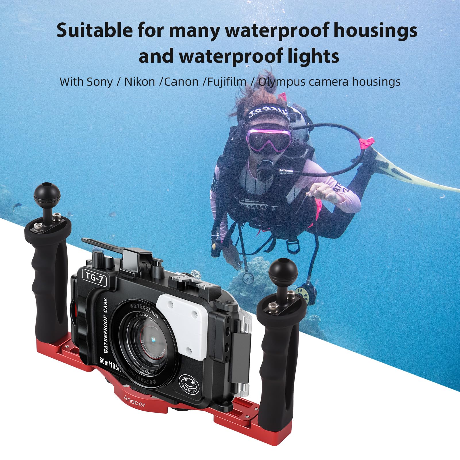 Andoer Equipo de buceo para cámara con dos asas, estabilizador de tableta subacuática de mano, soporte ajustable para cámara GoPro, Canon, Sony, Nikon, DSLR, soporte de carcasa impermeable