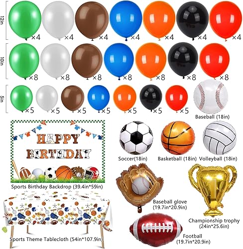 Miniatura 2 de Winrayk 131 piezas de decoración deportiva para fiesta de cumpleaños, suministros deportivos de arco de globos, mantel de telón de fondo de trofeo,