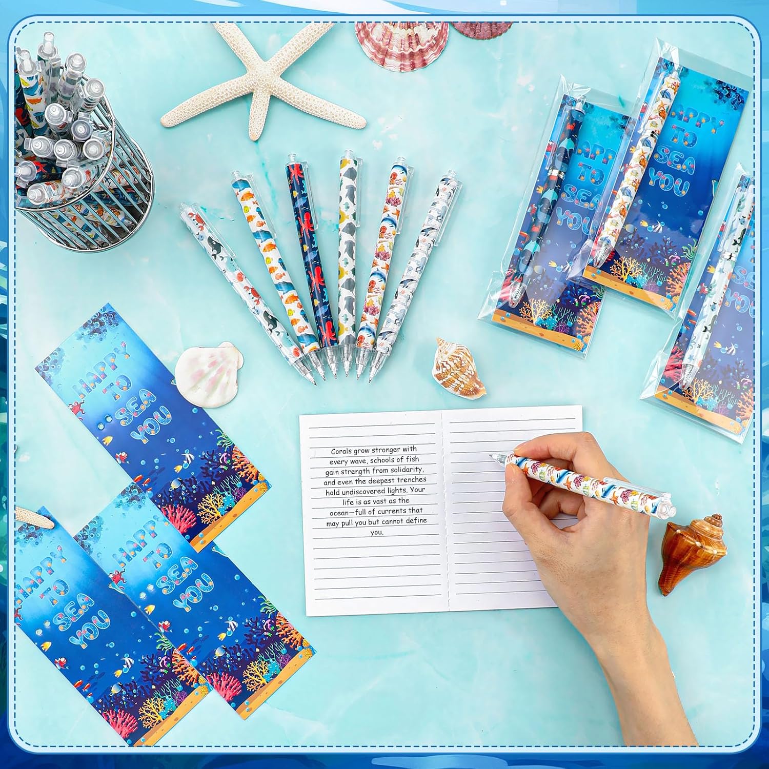 Sinload 100 Pcs Under The Sea Party Favor Ocean Ballpoint Pens with Happy to Sea You Bookmark Seas Animal Theme Graduation Gifts for Student Teacher Birthday Classroom Gift Rewards Supplies