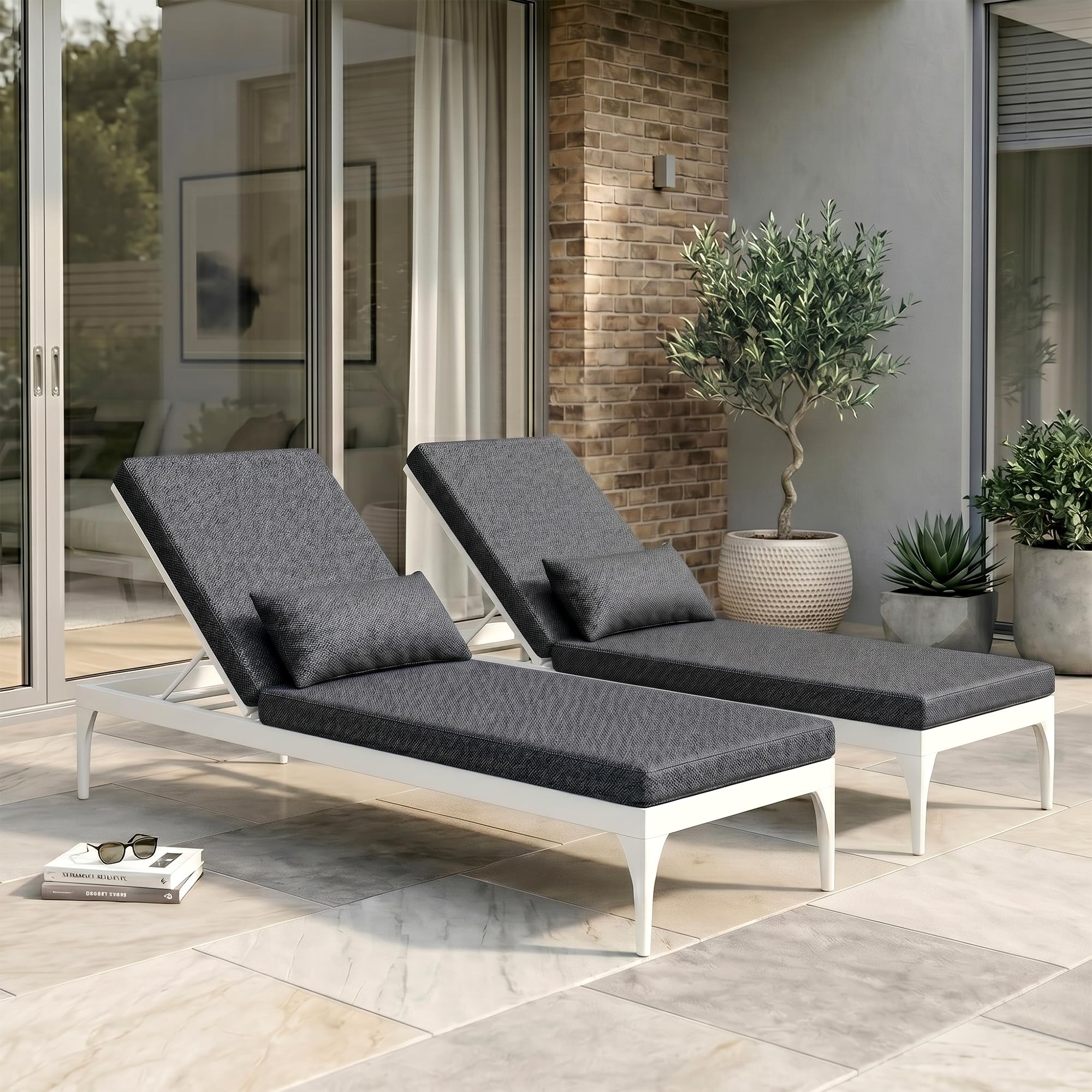 BRISHI Outdoor Swimming Poolside Lounger Beach Sunbathing Lawn Patio Chaise Lounge Sun Lounger Chair Adjustable Backrest Set of 2 (White+Grey)