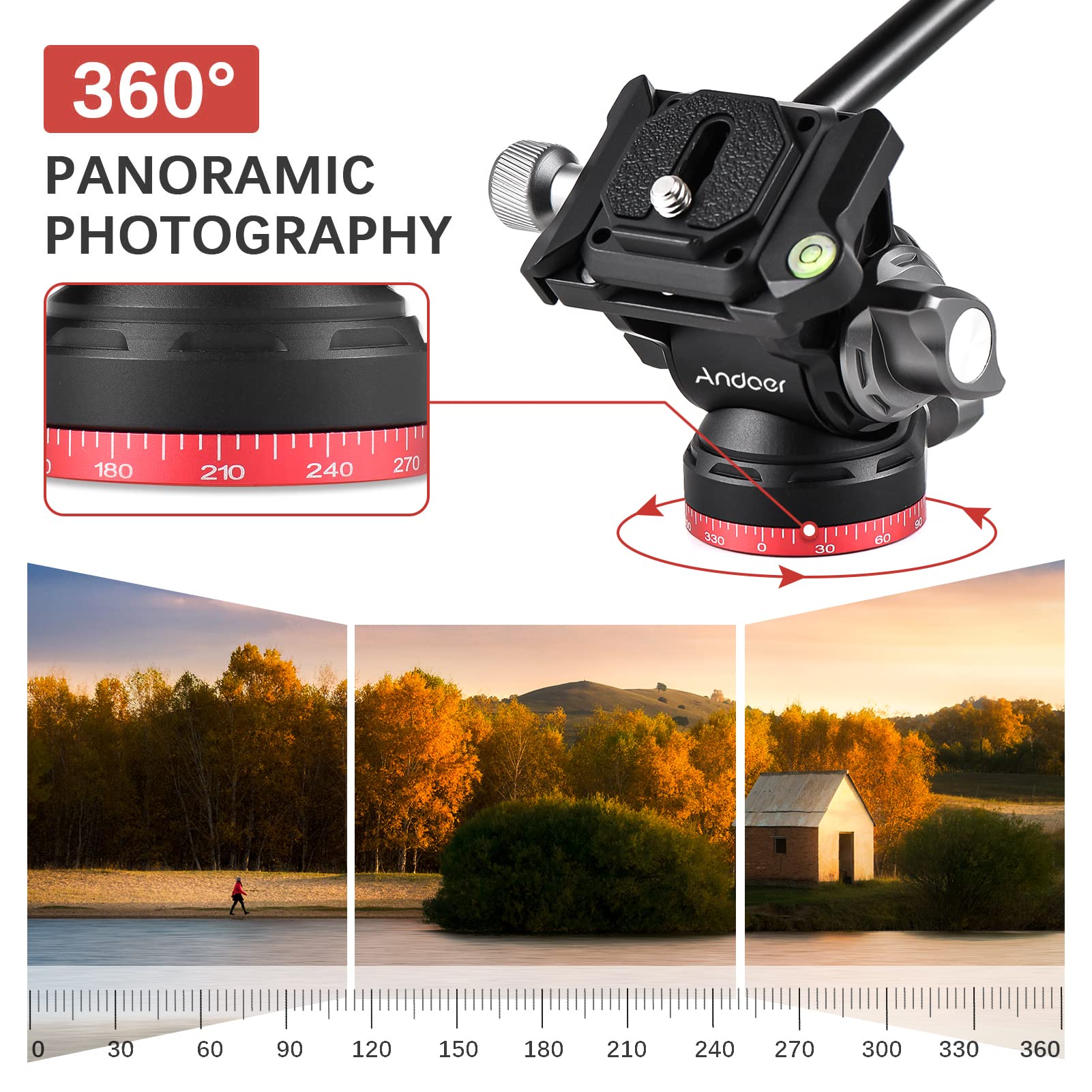 Cabezal de Fluido, Andoer Video Fluid Head Pan Tilt Tripod Head, Panorama Ballhead Tripod Mount con Tornillo de 1/4" con manija Placa de liberación rápida, Capacidad de Carga de 10 kg / 22 lbs