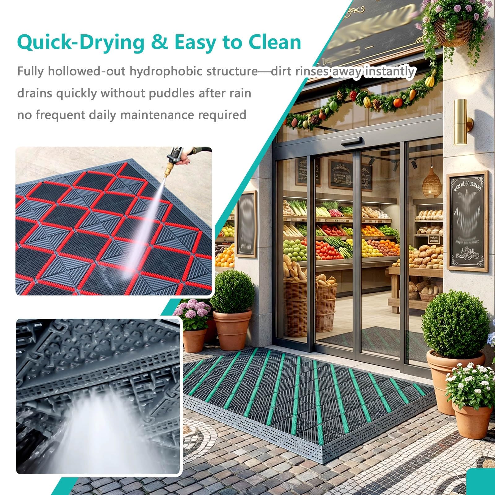 Felpudo de EVA resistente para todo tipo de clima con cepillo raspador, diseño entrelazado, impermeable, para garaje, patio, jardín, rojo y gris (60 x 90 cm, 3 cepillos)