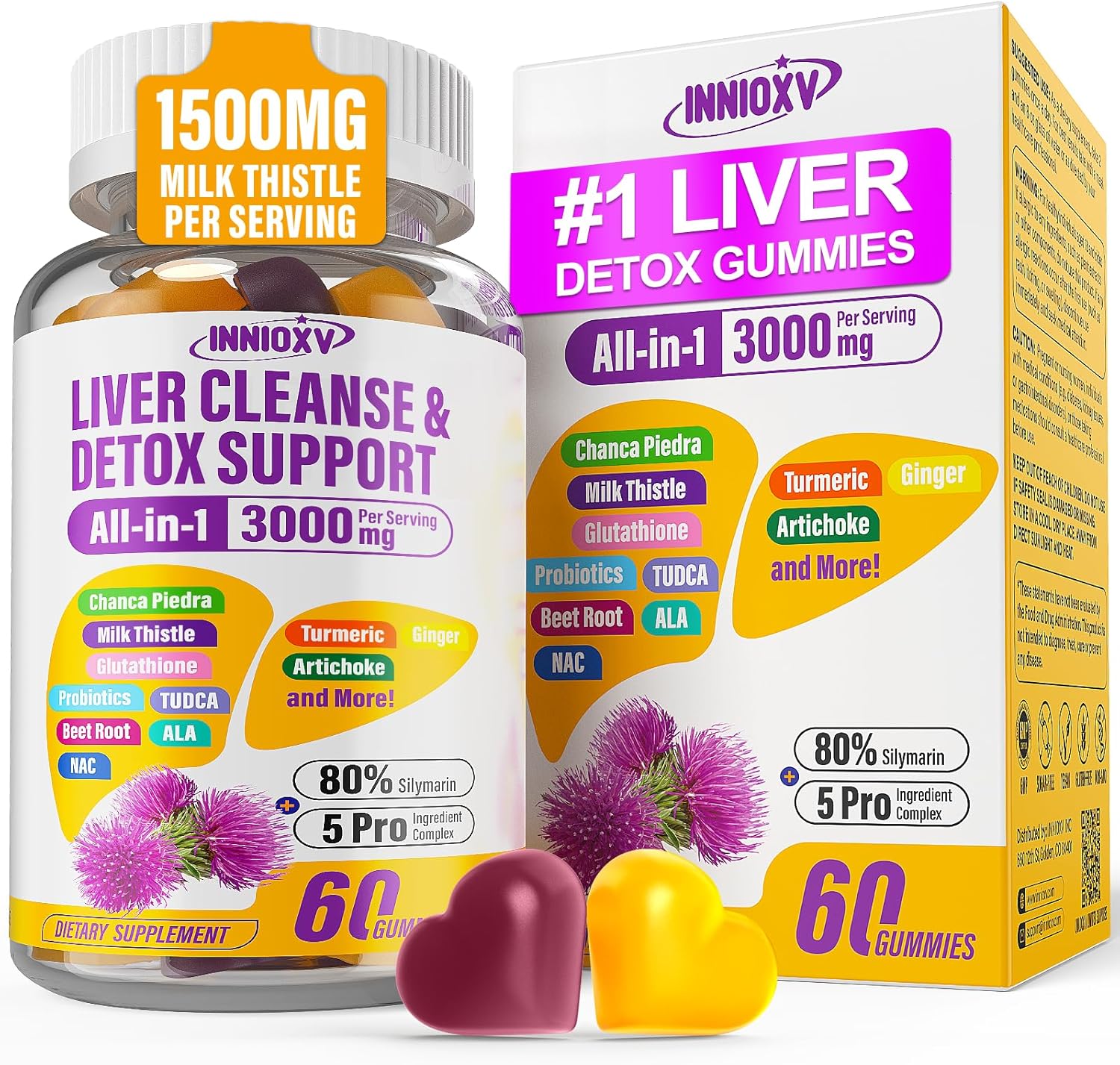 Liver Cleanse Detox & Repair Gummies - 29-in-1 1500mg Milk Thistle Supplement with Beetroot Dandelion Artichoke, Vegan Gummy with NAC TUDCA Vitamins Supports Immune, Boosts Energy, Gut Health, 60 ct