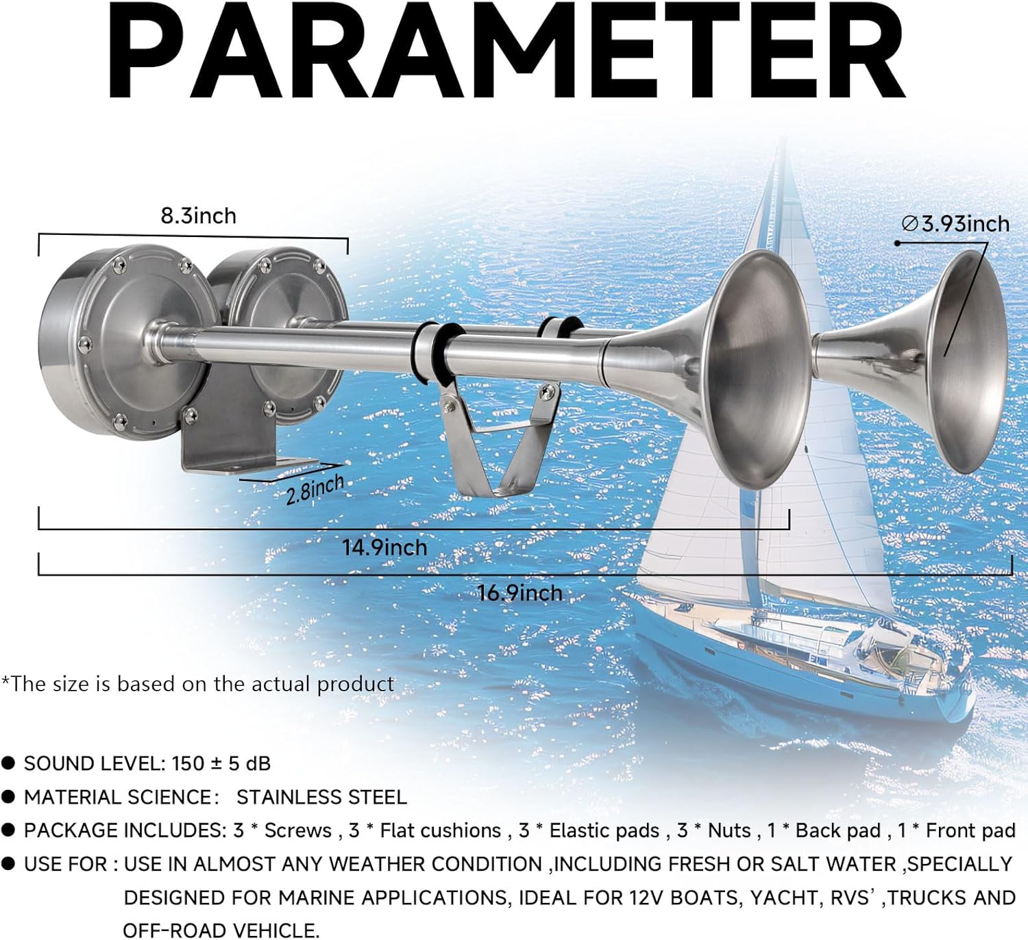 150db Boat Horn Deluxe: 12V Dual Horn Trumpet Upgrade - Polished Stainless Steel Marine Horns with Low & High Tones, Featuring Adjustable Horn Support（Upgraded Pair of Horns）