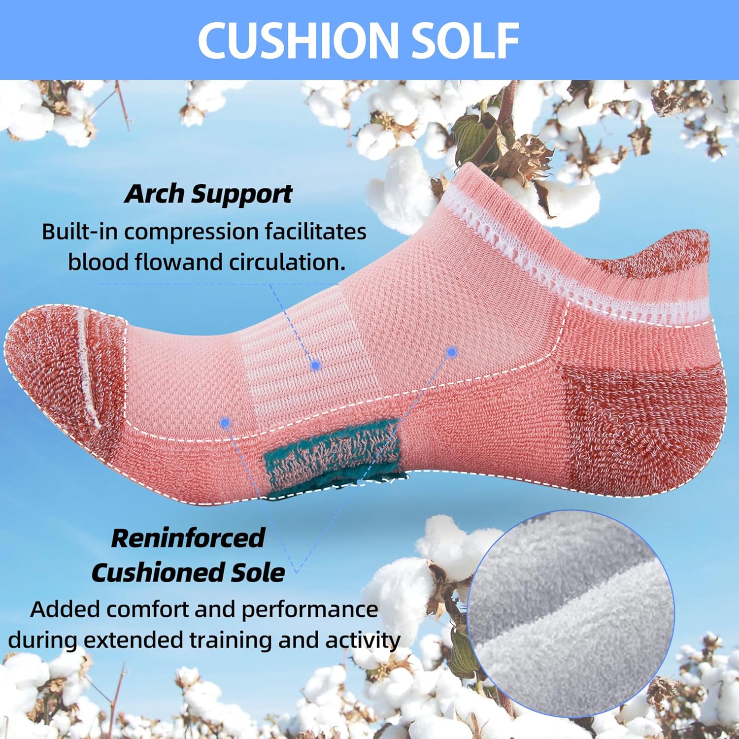 ATBITER Womens Ankle Socks 6 Pairs Cushioned Running Athletic No Show Socks With Tab - Image 3