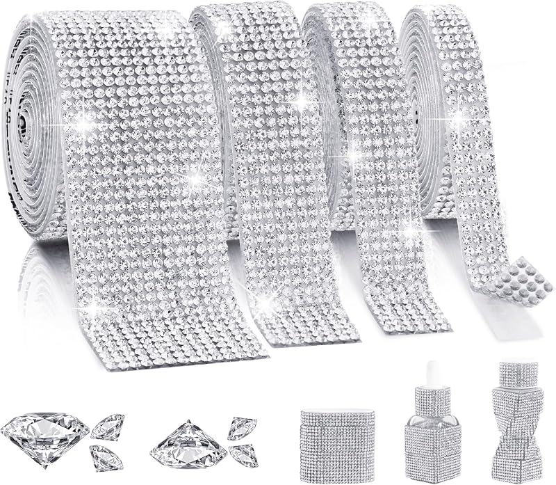 Cinta autoadhesiva de diamantes de imitación, tiras deslumbrantes de 4 yardas, 4 rollos de tiras de diamantes de imitación para manualidades, diamantes de imitación para manualidades, decoración del hogar y eventos especiales, 4/6/8/14 filas de cristal transparente
