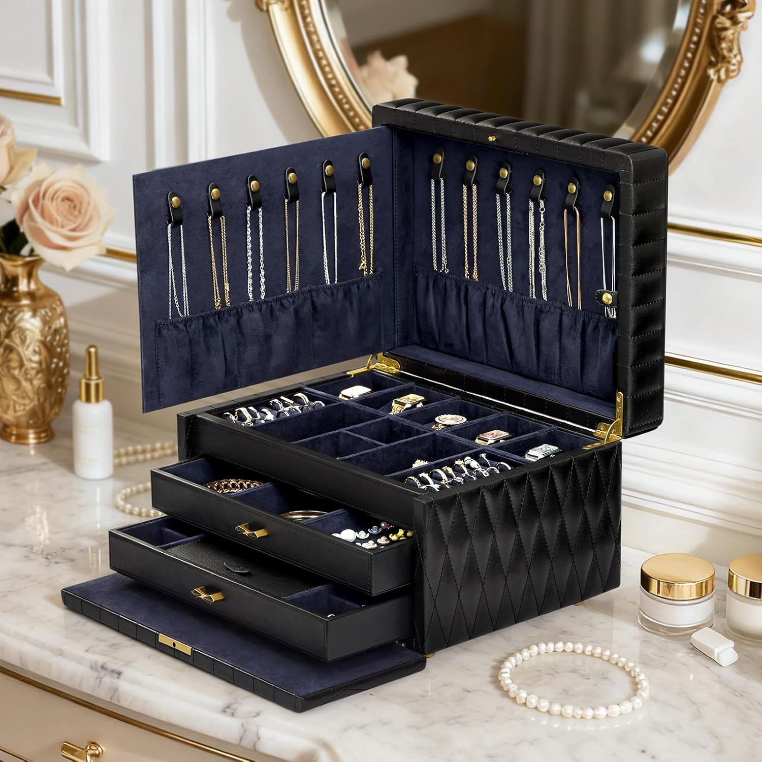 Genuine Leather Jewelry Box – 2 Layer Large Jewelry Organizer with Mirror, Lockable Jewelry Box for Women – Necklace, Ring, Earring Organizer with Drawer – Gifts (Blue)