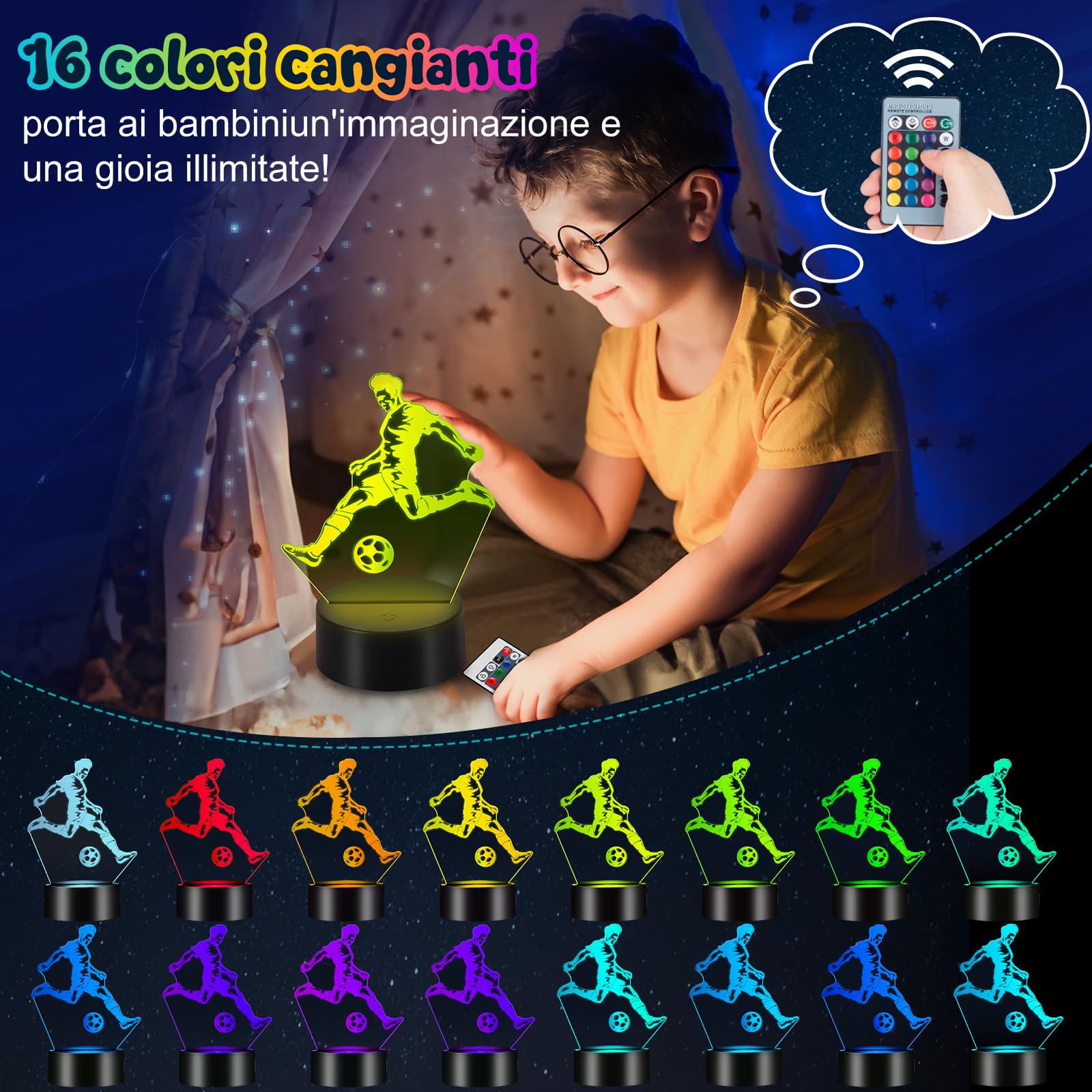 Lampada a illusione ottica a tema calcio per bambini e ragazzi, 16 colori modulabili, luce notturna 3D, decorazione per la cameretta dei bambini, regalo di compleanno per gli appassionati di calcio