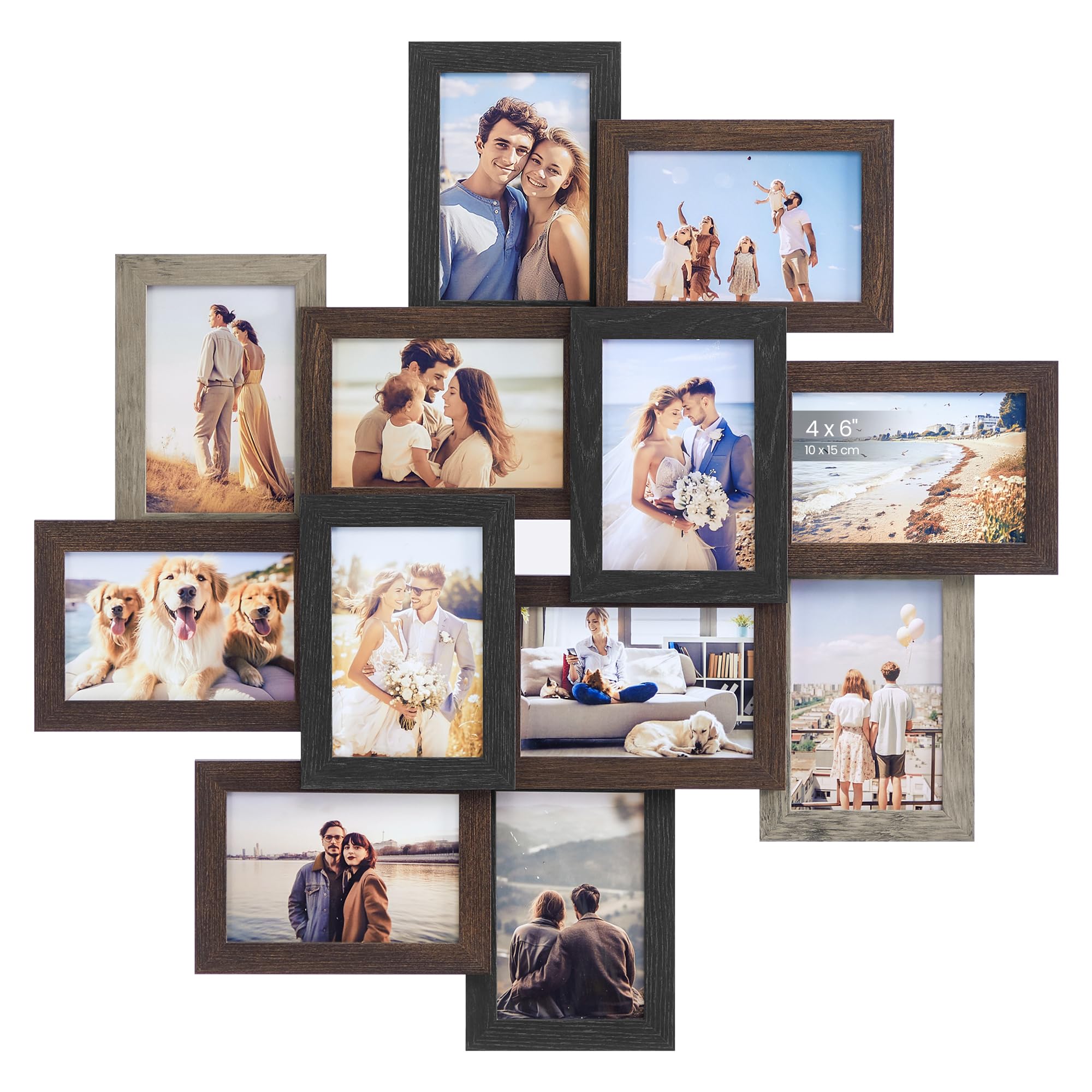 SONGMICS 4x6 Collage Picture Frames, 12-Pack Photo Collage Frame for Wall Decor, Glass Front, Assembly Required, Maroon Brown, Heather Greige, Ash Black URPF022M01 Maroon Brown + Heather Gre